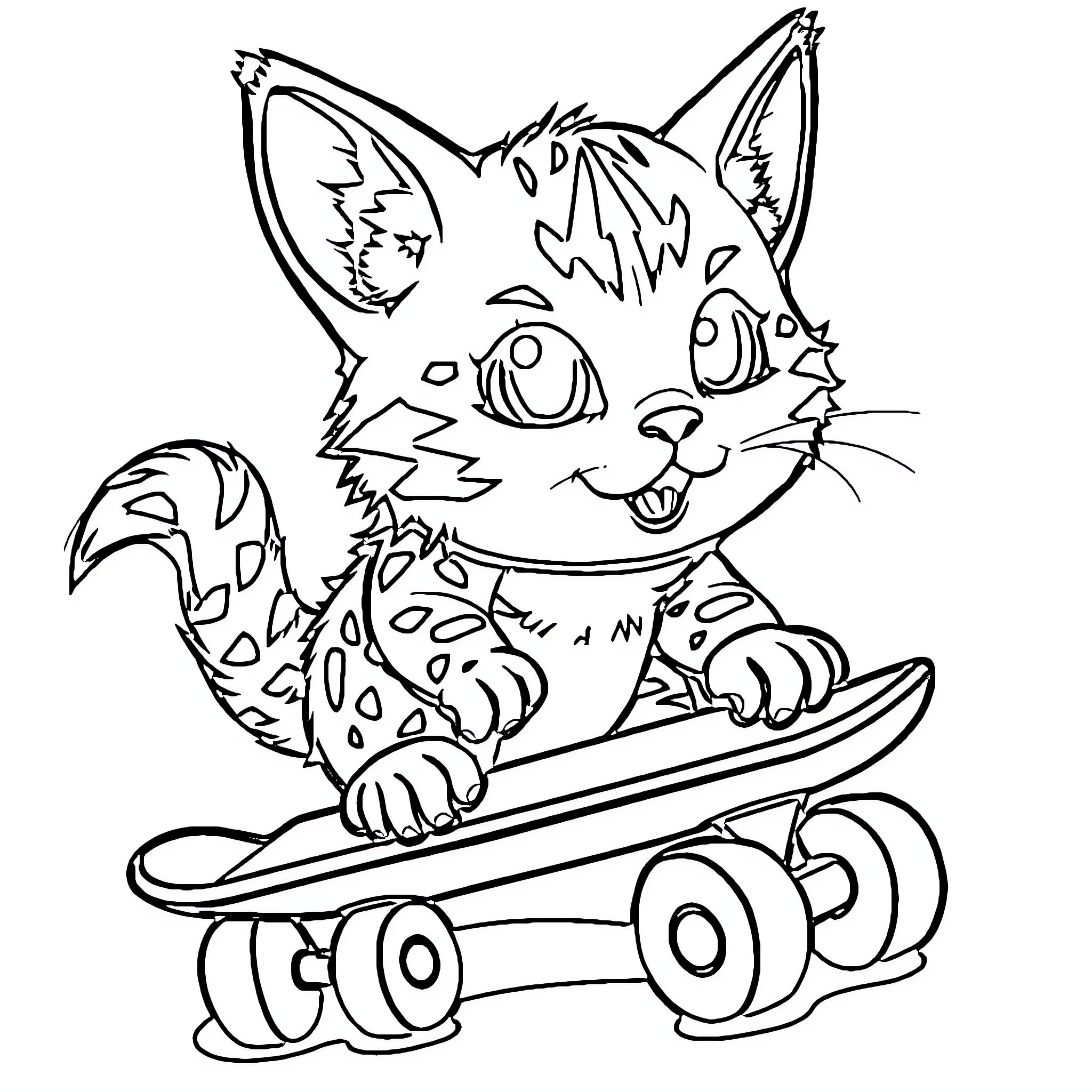 Cat riding a skateboard excitedly Coloring Page (free black-and-white line drawing printable PDF for all, from beginners to advanced learners, including children, teens, adults, and seniors)