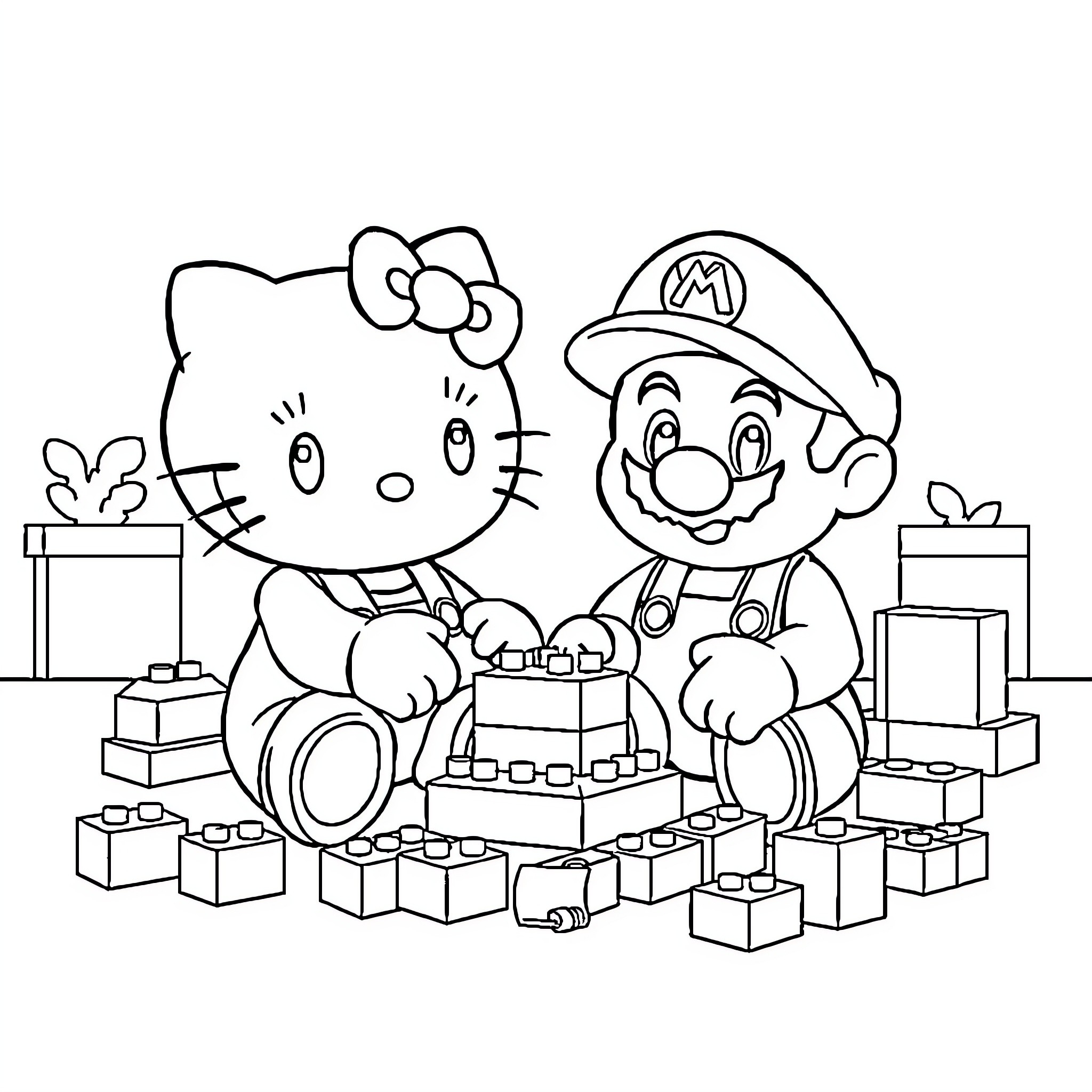 Hello Kitty and Mario Building Toys Together Coloring Page (free black-and-white line drawing printable PDF for all, from beginners to advanced learners, including children, teens, adults, and seniors)