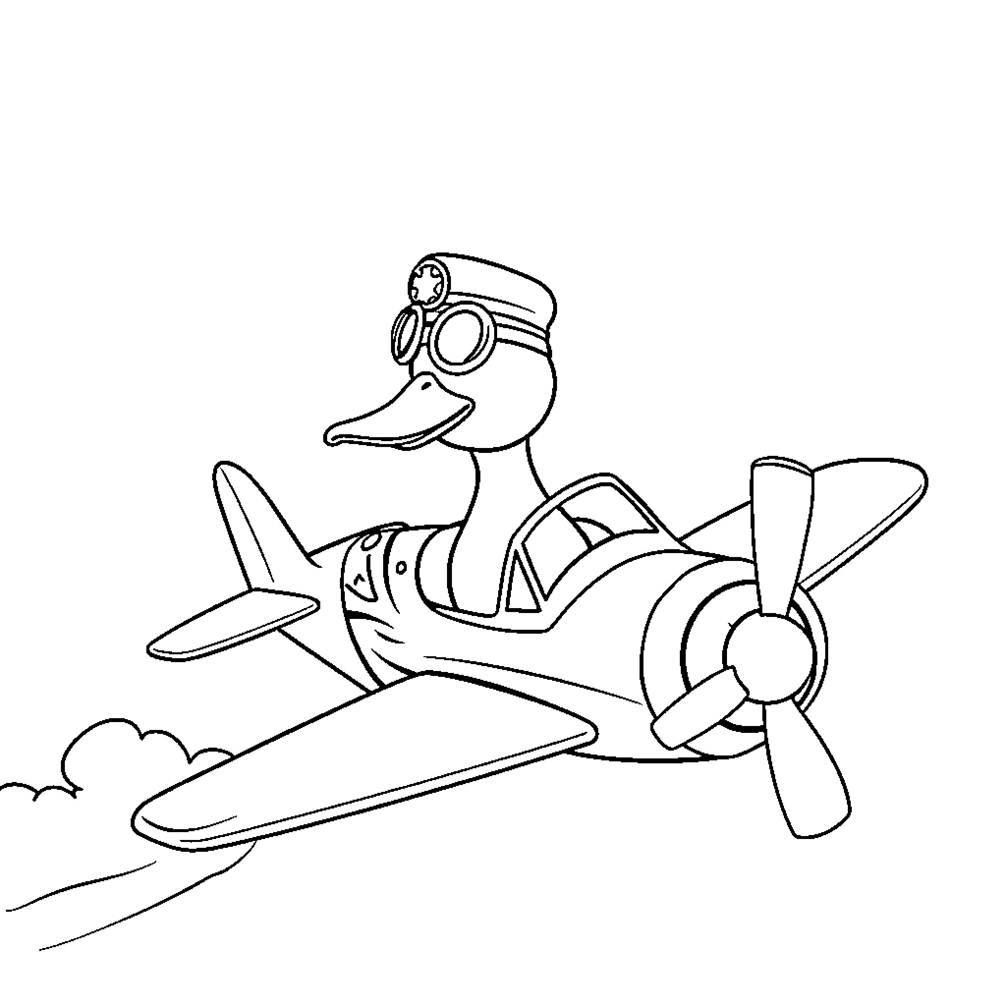Duck piloting a cartoon airplane Coloring Page (free black-and-white line drawing printable PDF for all, from beginners to advanced learners, including children, teens, adults, and seniors)