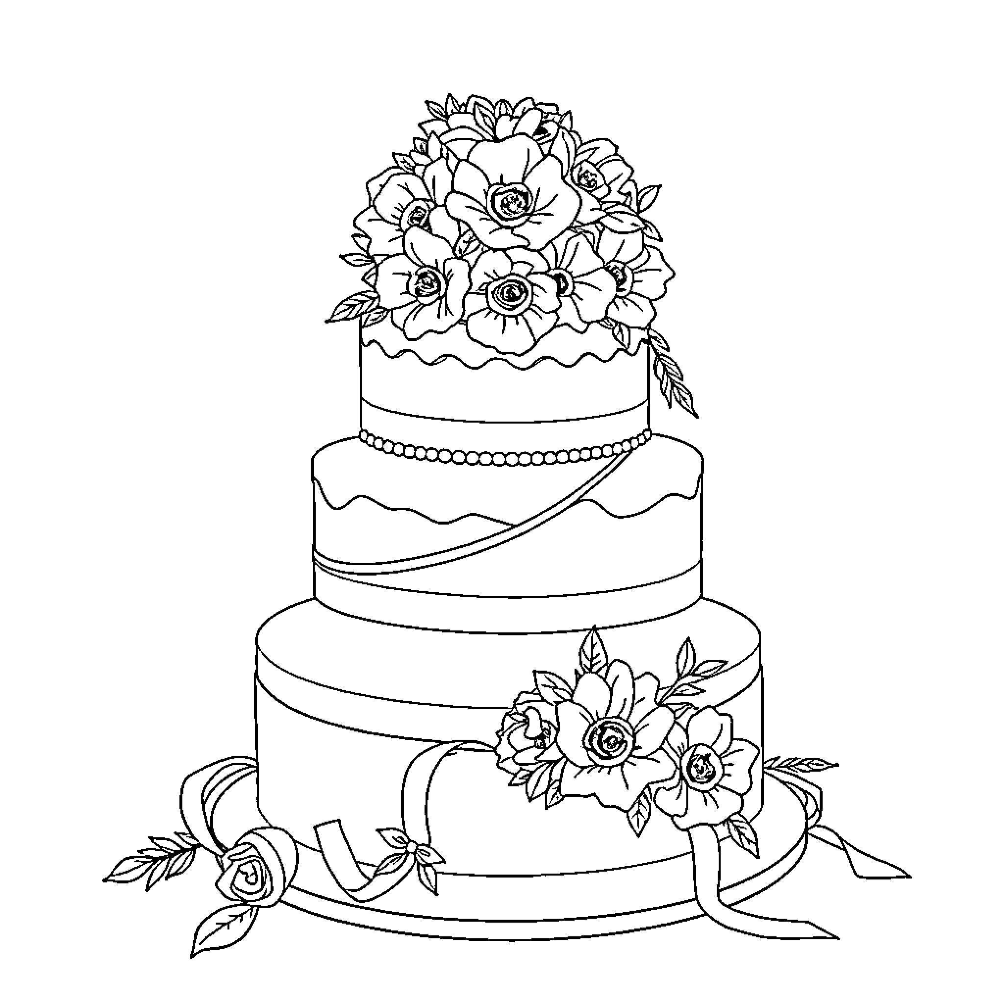 Wedding Cake with Floral Decorations Coloring Page (free black-and-white line drawing printable PDF for all, from beginners to advanced learners, including children, teens, adults, and seniors)