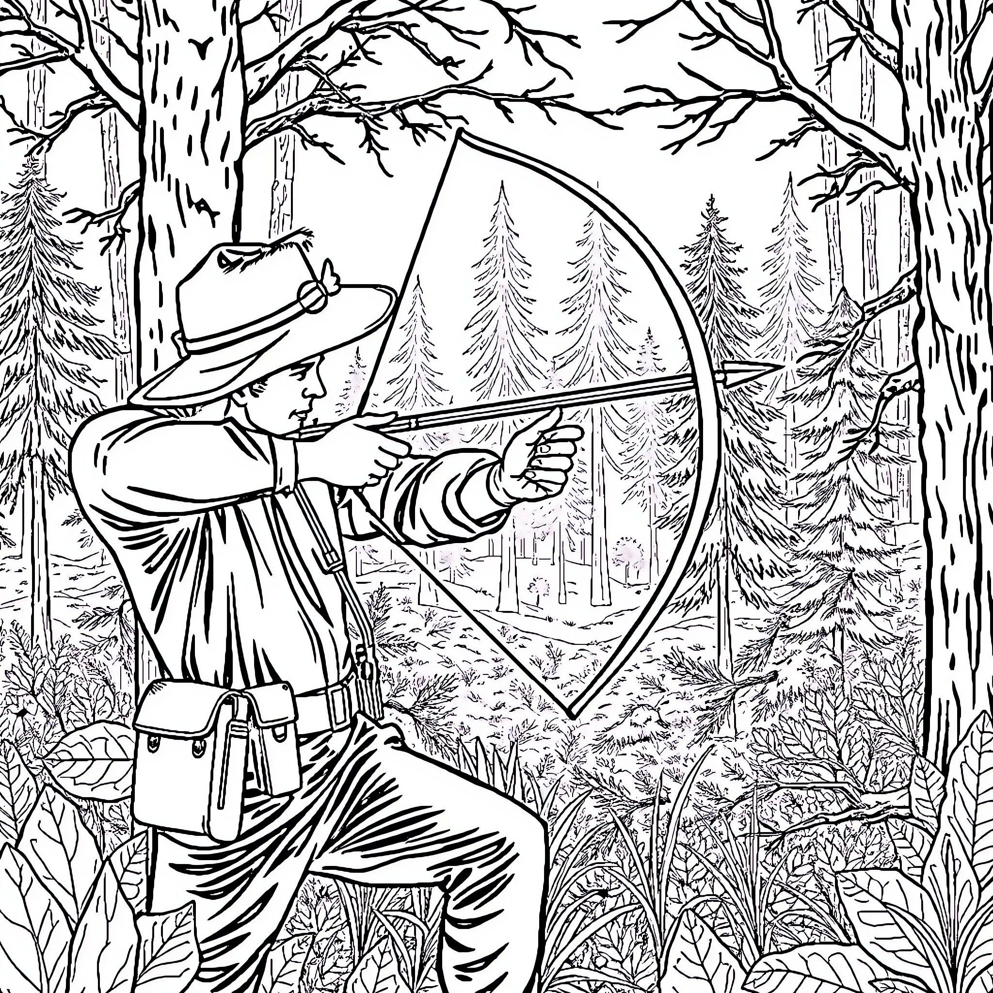Hunter aiming bow and arrow in the forest Coloring Page (free black-and-white line drawing printable PDF for all, from beginners to advanced learners, including children, teens, adults, and seniors)