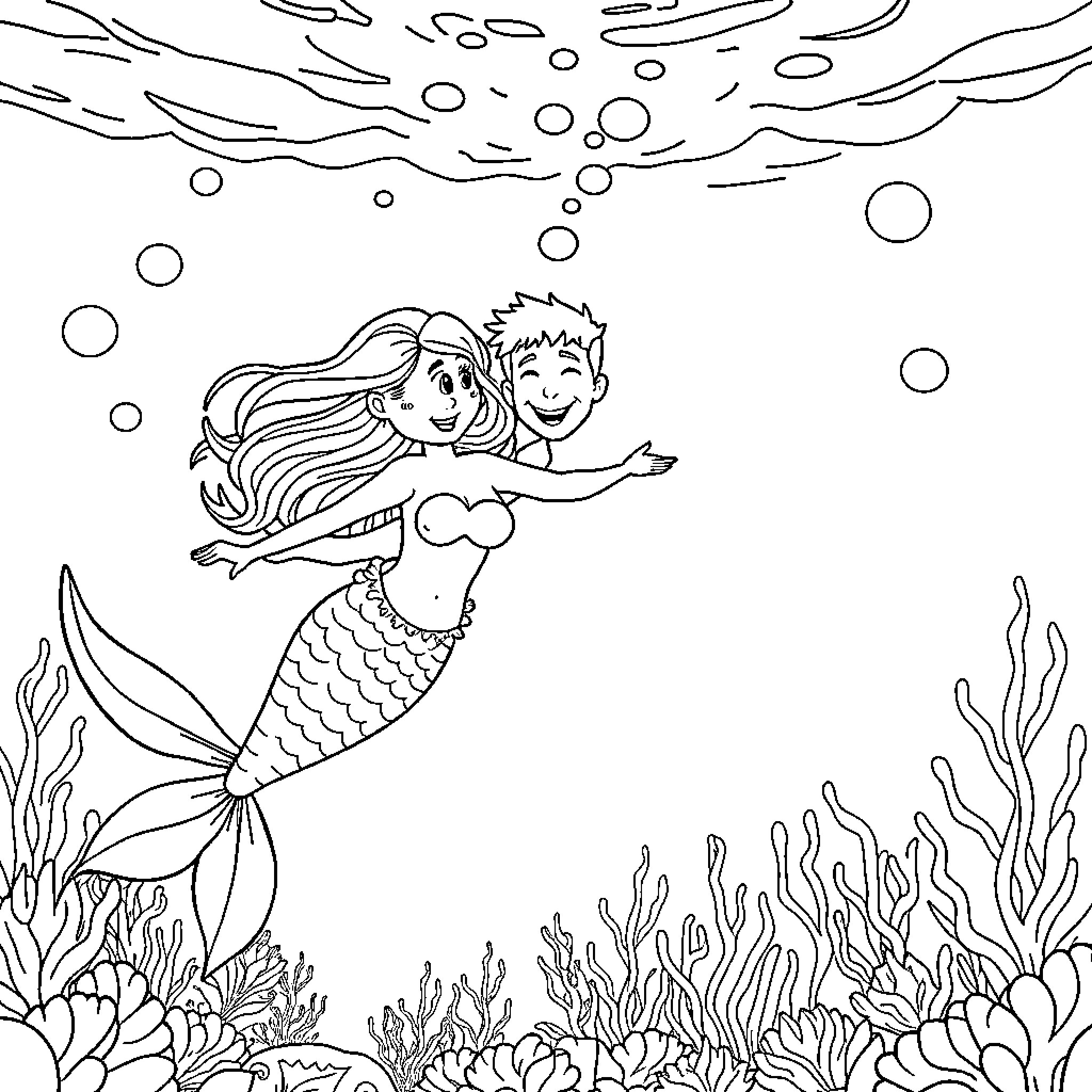 Mermaid and companion exploring underwater scenery Coloring Page (free black-and-white line drawing printable PDF for all, from beginners to advanced learners, including children, teens, adults, and seniors)