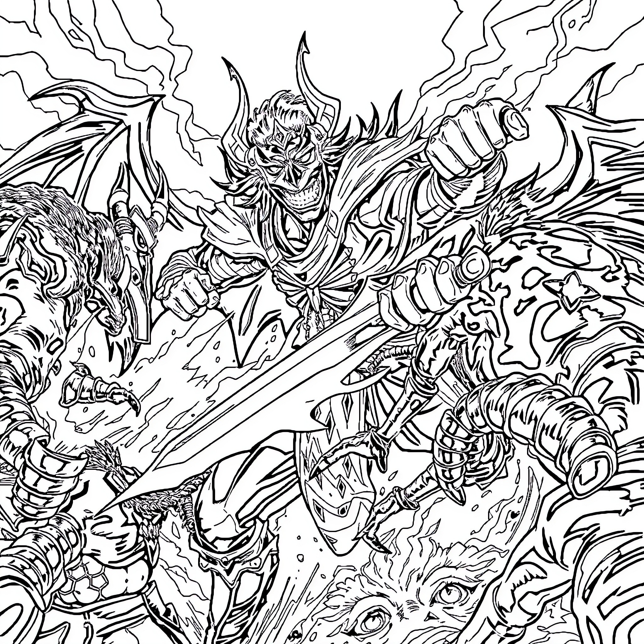 HUNTR/X Fierce Demonic Warrior Wielding Powerful Weapons Coloring Page (free black-and-white line drawing printable PDF for all, from beginners to advanced learners, including children, teens, adults, and seniors)