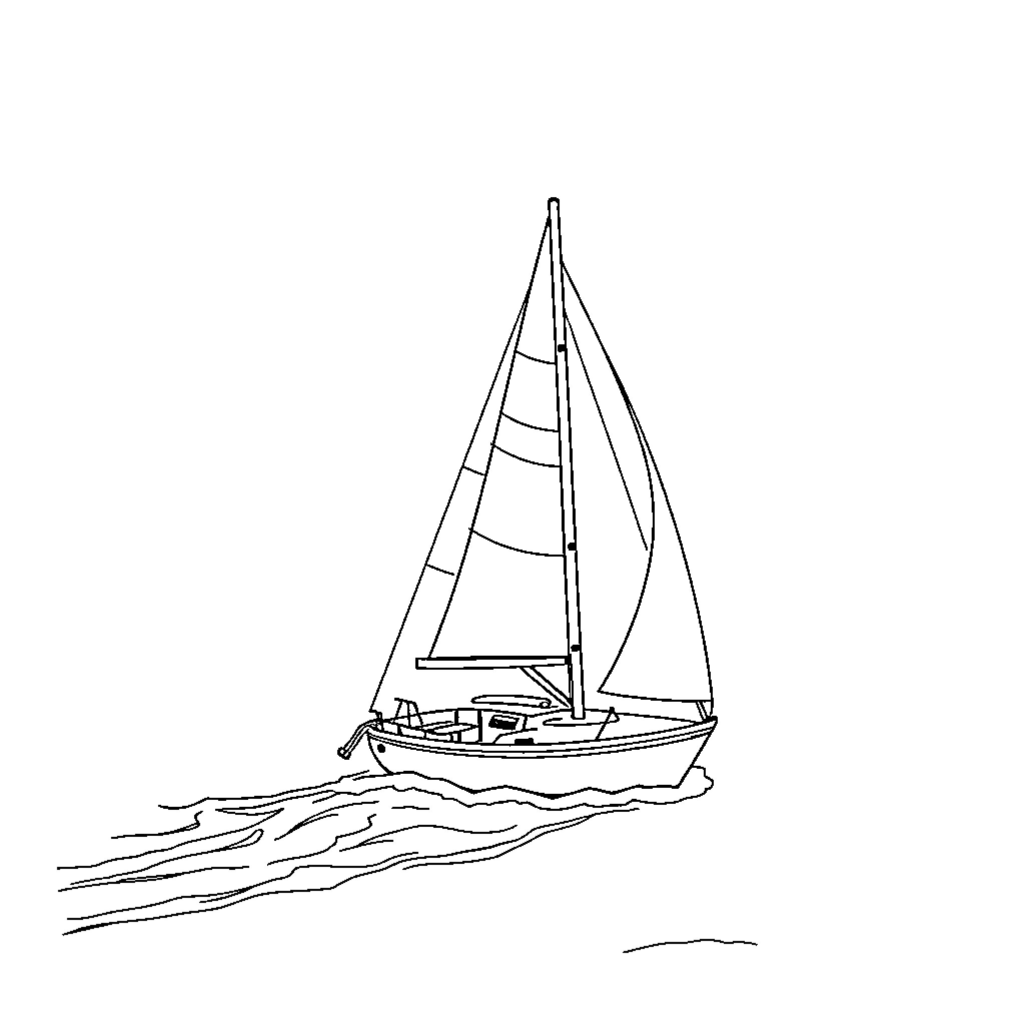 Sailboat sailing on the open water Coloring Page (free black-and-white line drawing printable PDF for all, from beginners to advanced learners, including children, teens, adults, and seniors)