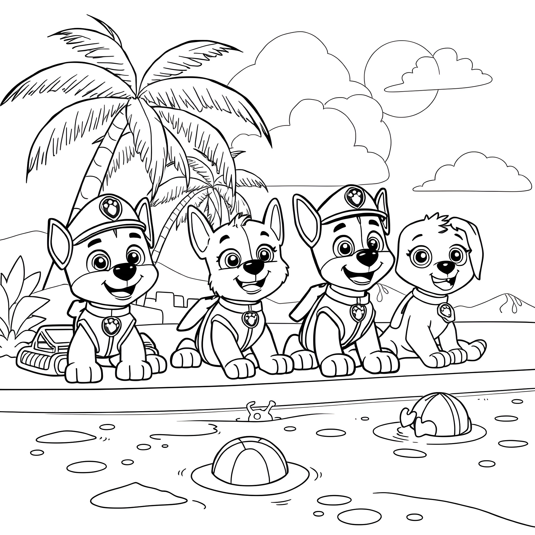 Paw Patrol pups enjoying the tropical beach scene Coloring Page (free black-and-white line drawing printable PDF for all, from beginners to advanced learners, including children, teens, adults, and seniors)