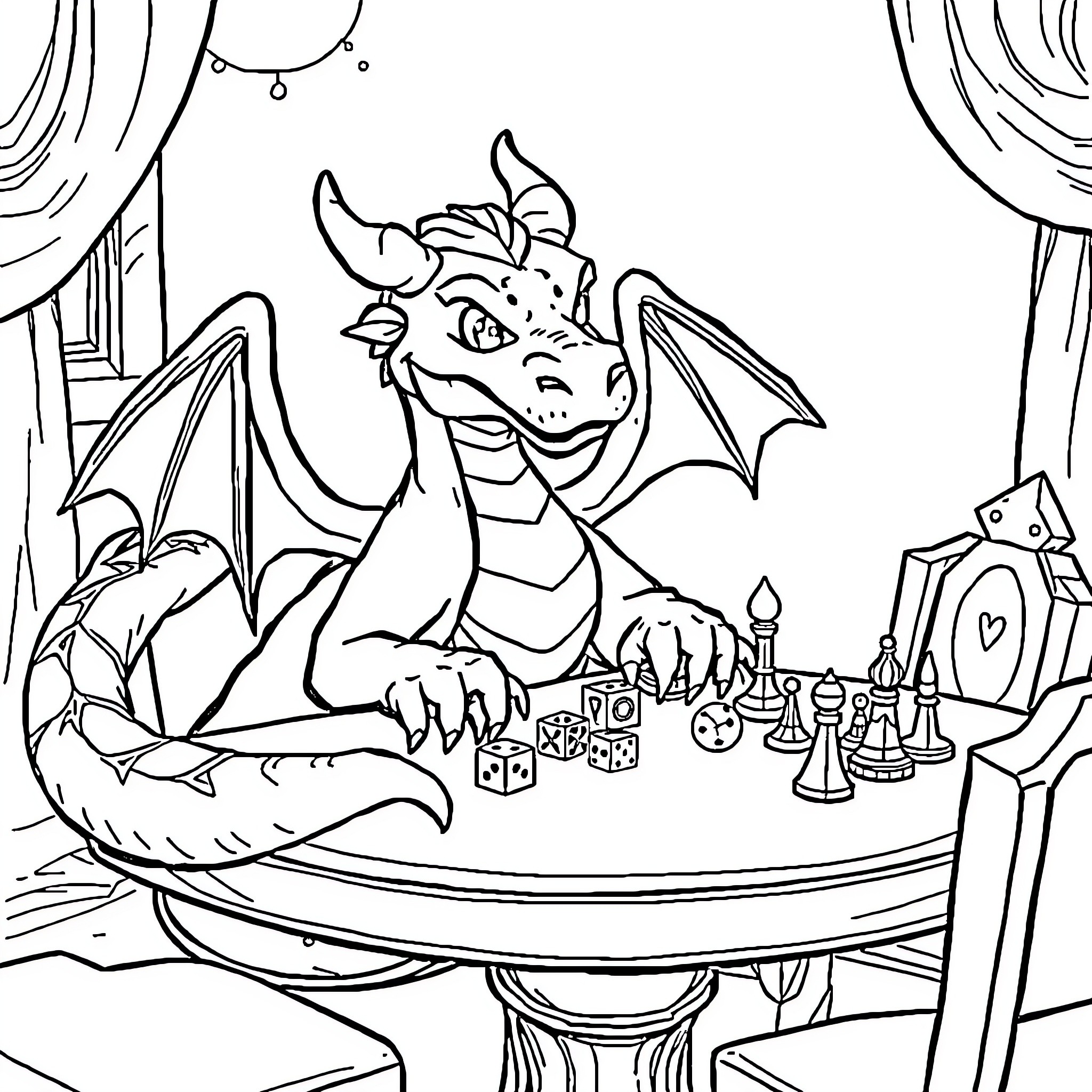 Dragon playing with toys in its lair Coloring Page (free black-and-white line drawing printable PDF for all, from beginners to advanced learners, including children, teens, adults, and seniors)