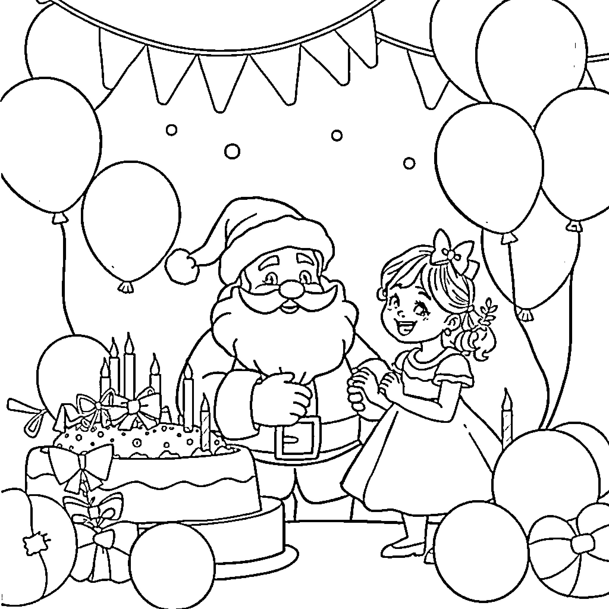 Santa Celebrating with Young Girl and Birthday Cake Coloring Page (free black-and-white line drawing printable PDF for all, from beginners to advanced learners, including children, teens, adults, and seniors)