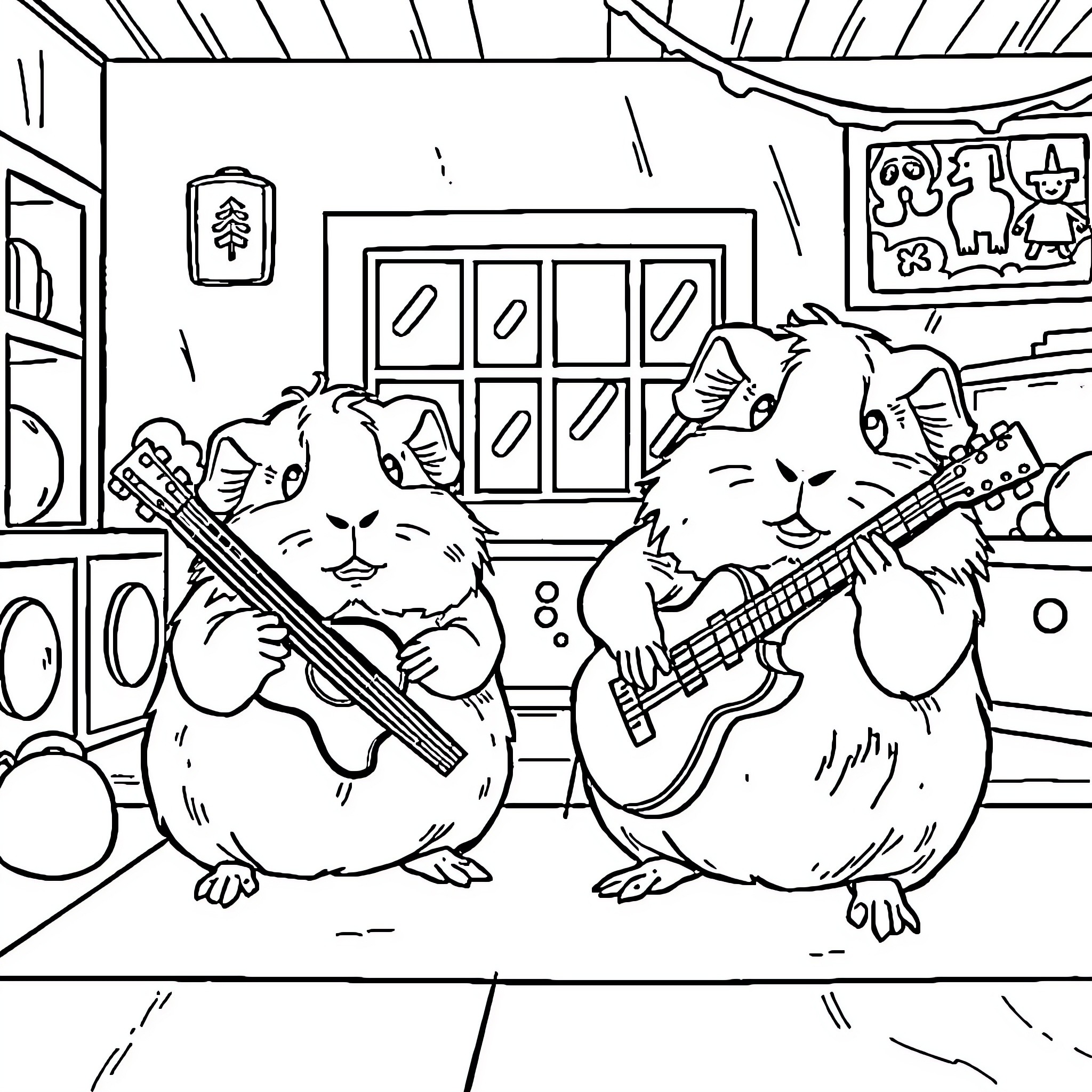 Guinea Pigs Performing on Guitars in a Room Coloring Page (free black-and-white line drawing printable PDF for all, from beginners to advanced learners, including children, teens, adults, and seniors)