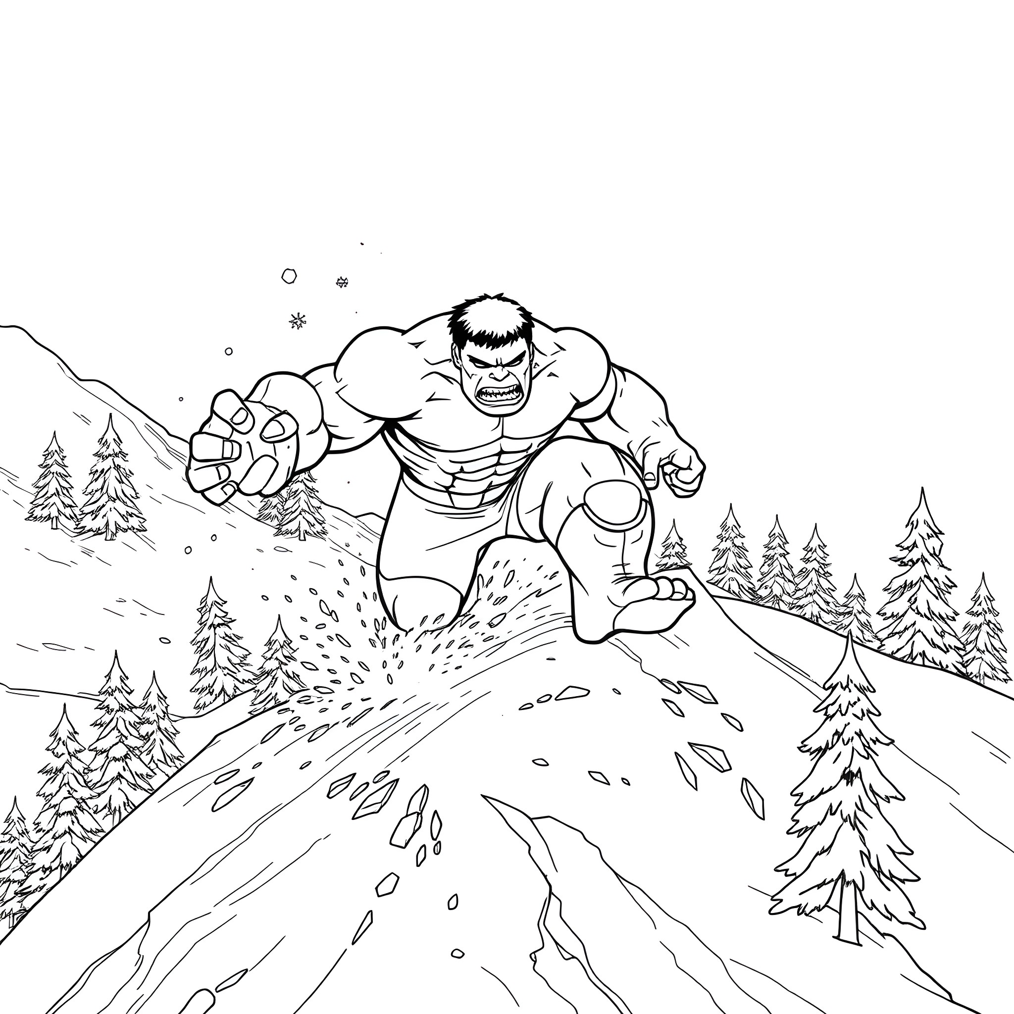 Hulk Charging Down Snowy Mountain Coloring Page (free black-and-white line drawing printable PDF for all, from beginners to advanced learners, including children, teens, adults, and seniors)