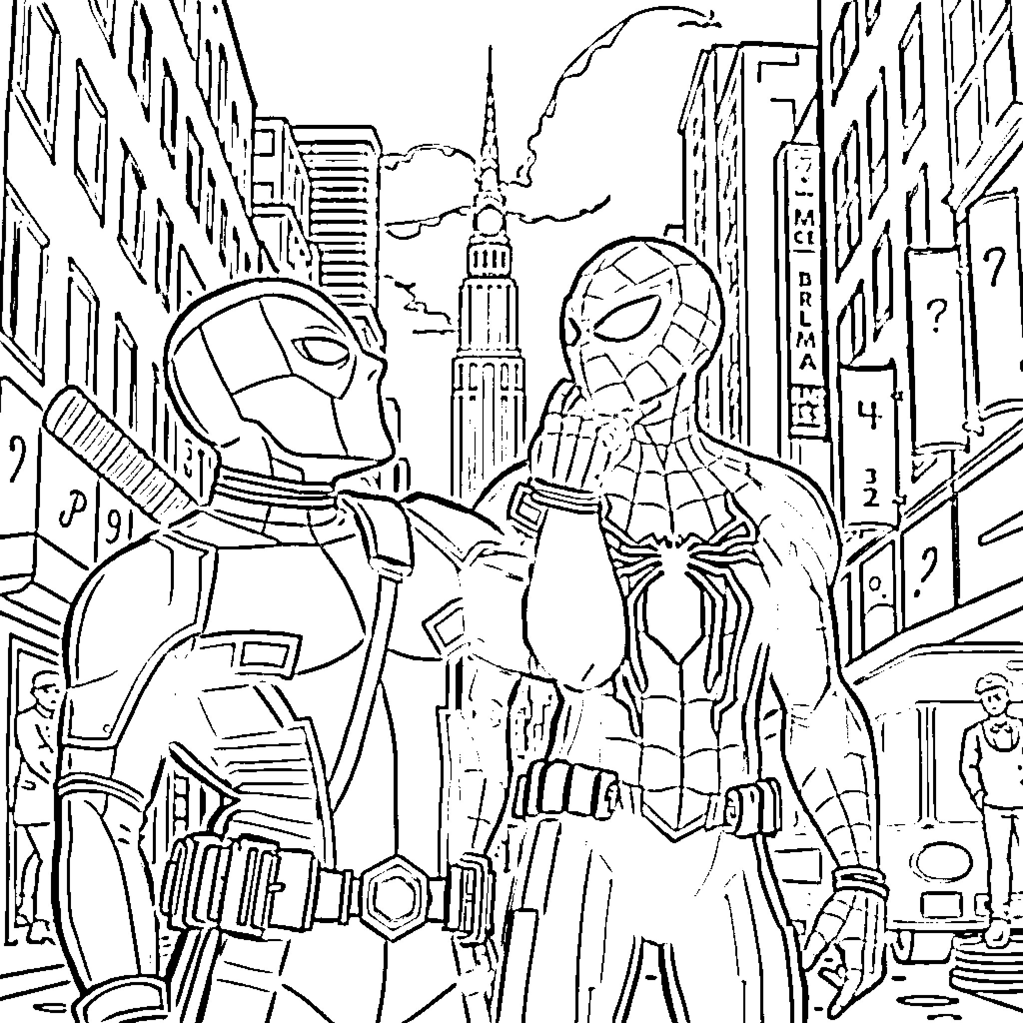 Deadpool and Spider-Man heroically stand guard in the city Coloring Page (free black-and-white line drawing printable PDF for all, from beginners to advanced learners, including children, teens, adults, and seniors)