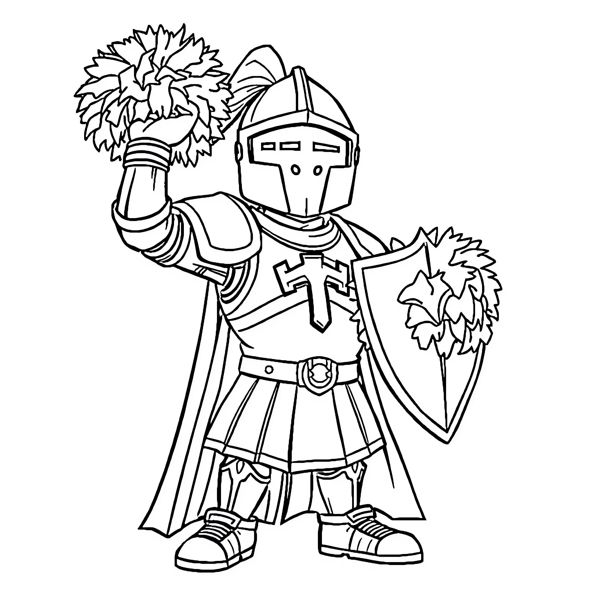 Knight in shining armor wielding shield and sword Coloring Page (free black-and-white line drawing printable PDF for all, from beginners to advanced learners, including children, teens, adults, and seniors)