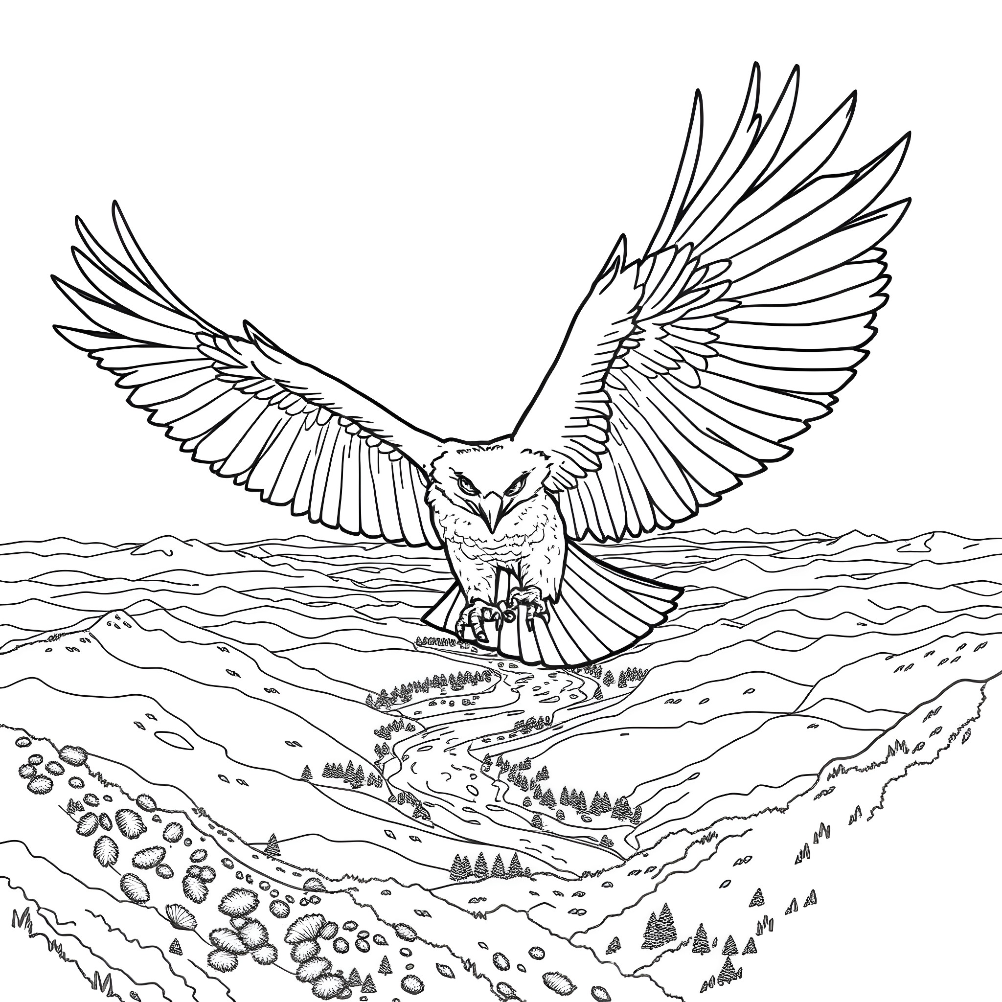 Eagle soaring gracefully over mountainous landscape Coloring Page (free black-and-white line drawing printable PDF for all, from beginners to advanced learners, including children, teens, adults, and seniors)