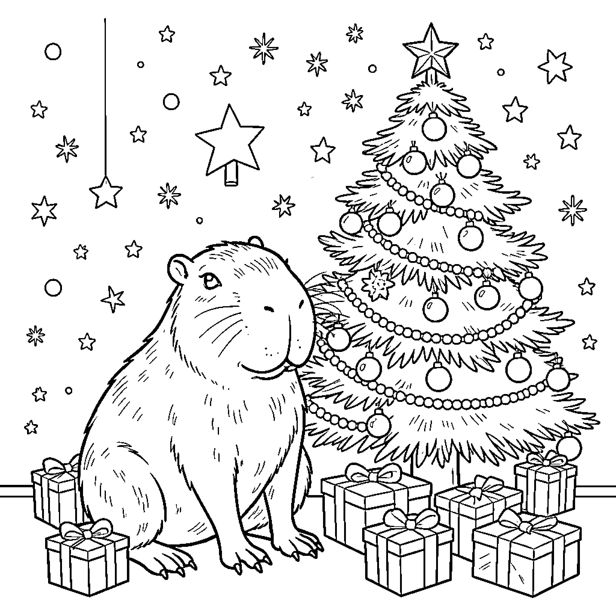 Capybara sitting peacefully next to a decorated Christmas tree Coloring Page (free black-and-white line drawing printable PDF for all, from beginners to advanced learners, including children, teens, adults, and seniors)