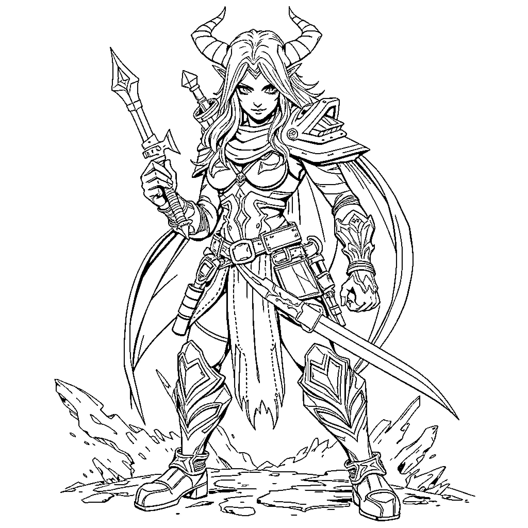 Huntrix Valiant Warrior in Fierce Battle Stance Coloring Page (free black-and-white line drawing printable PDF for all, from beginners to advanced learners, including children, teens, adults, and seniors)
