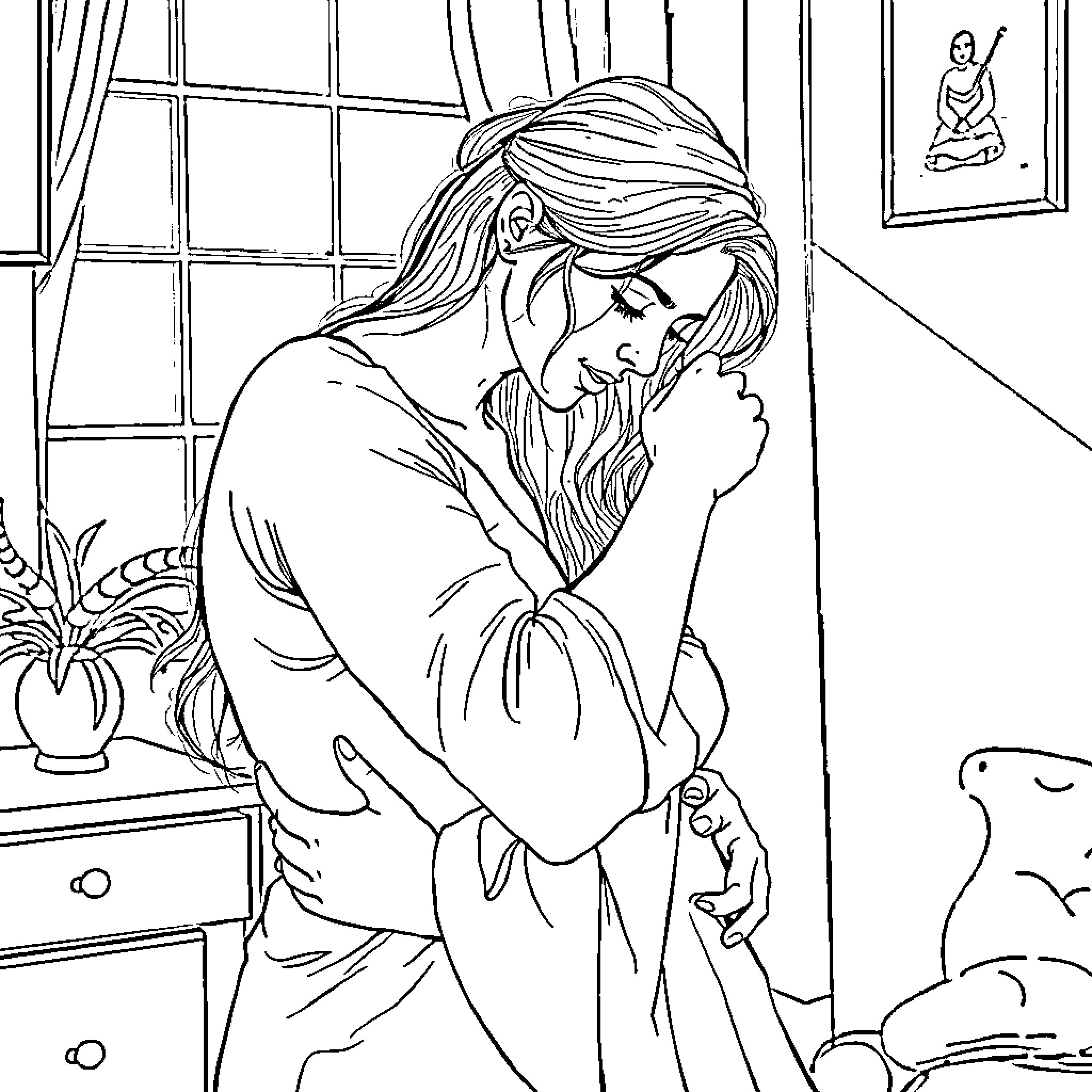 Woman sitting in thoughtful contemplation Coloring Page (free black-and-white line drawing printable PDF for all, from beginners to advanced learners, including children, teens, adults, and seniors)