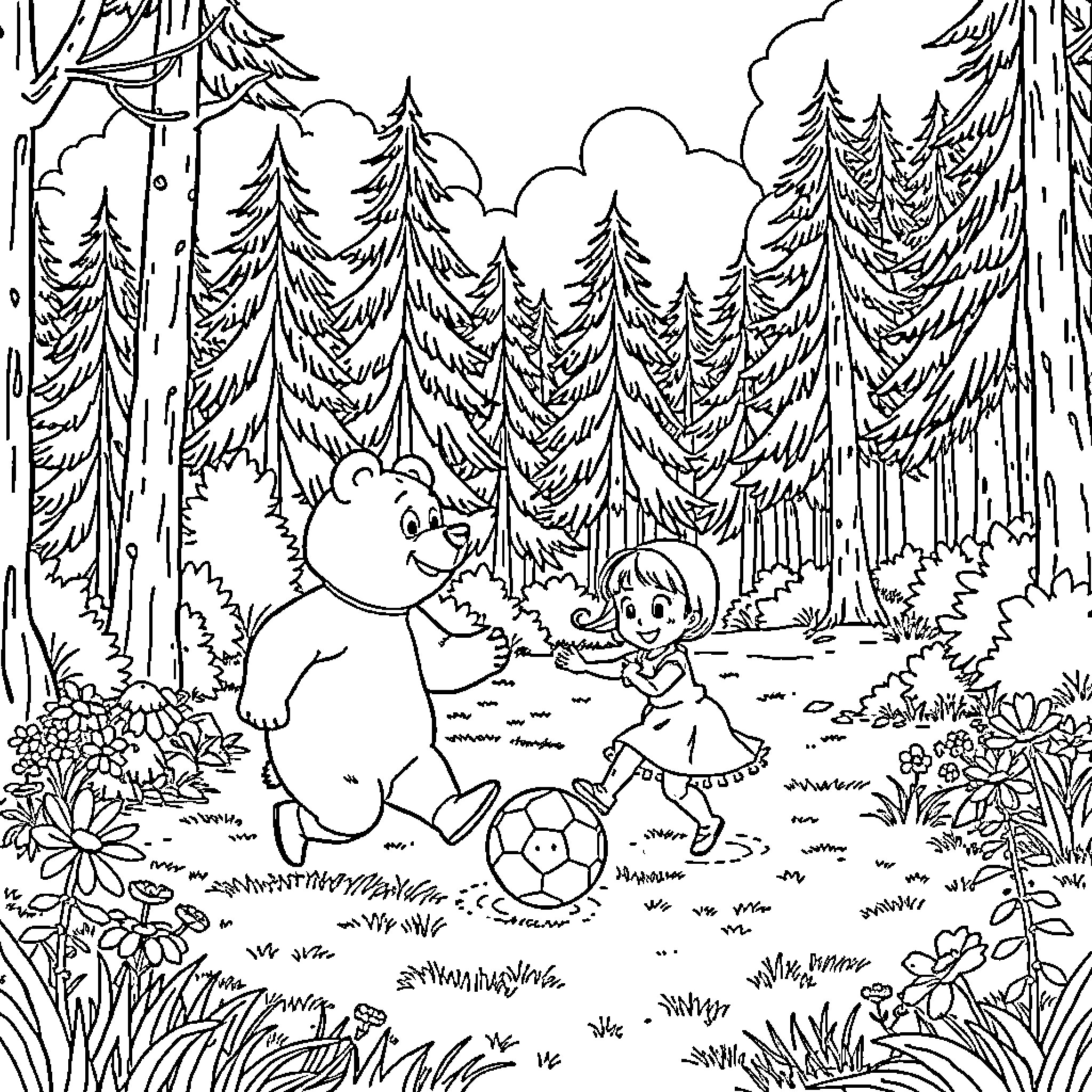 Masha playing with her bear friend in the forest Coloring Page (free black-and-white line drawing printable PDF for all, from beginners to advanced learners, including children, teens, adults, and seniors)