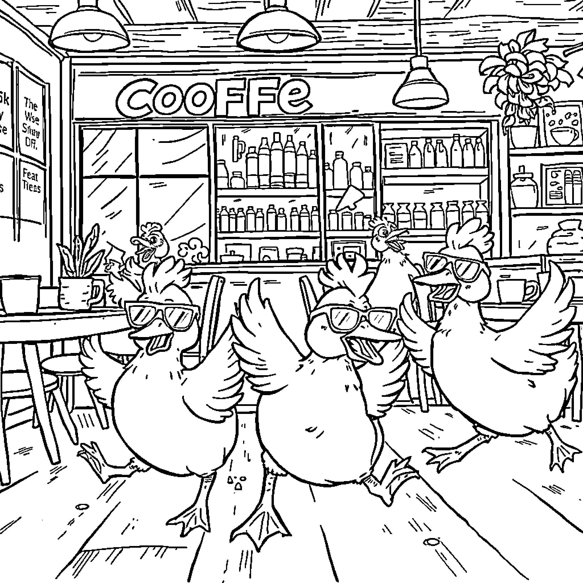 Ducks enjoying a cozy cafe outing Coloring Page (free black-and-white line drawing printable PDF for all, from beginners to advanced learners, including children, teens, adults, and seniors)