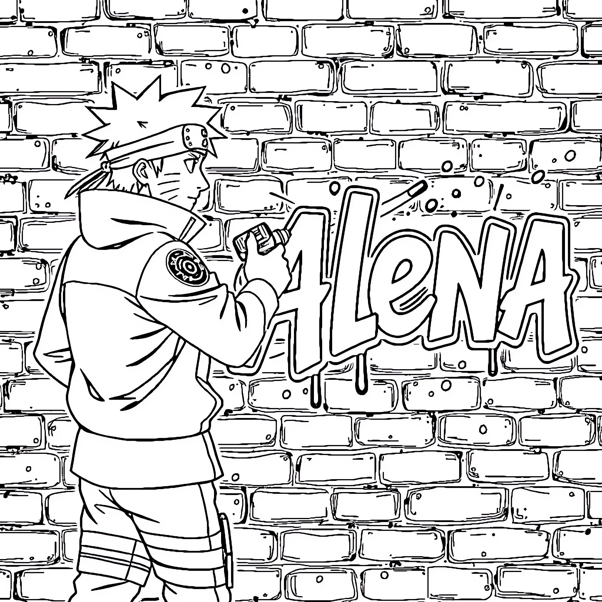 Naruto drawing graffiti on a brick wall Coloring Page (free black-and-white line drawing printable PDF for all, from beginners to advanced learners, including children, teens, adults, and seniors)