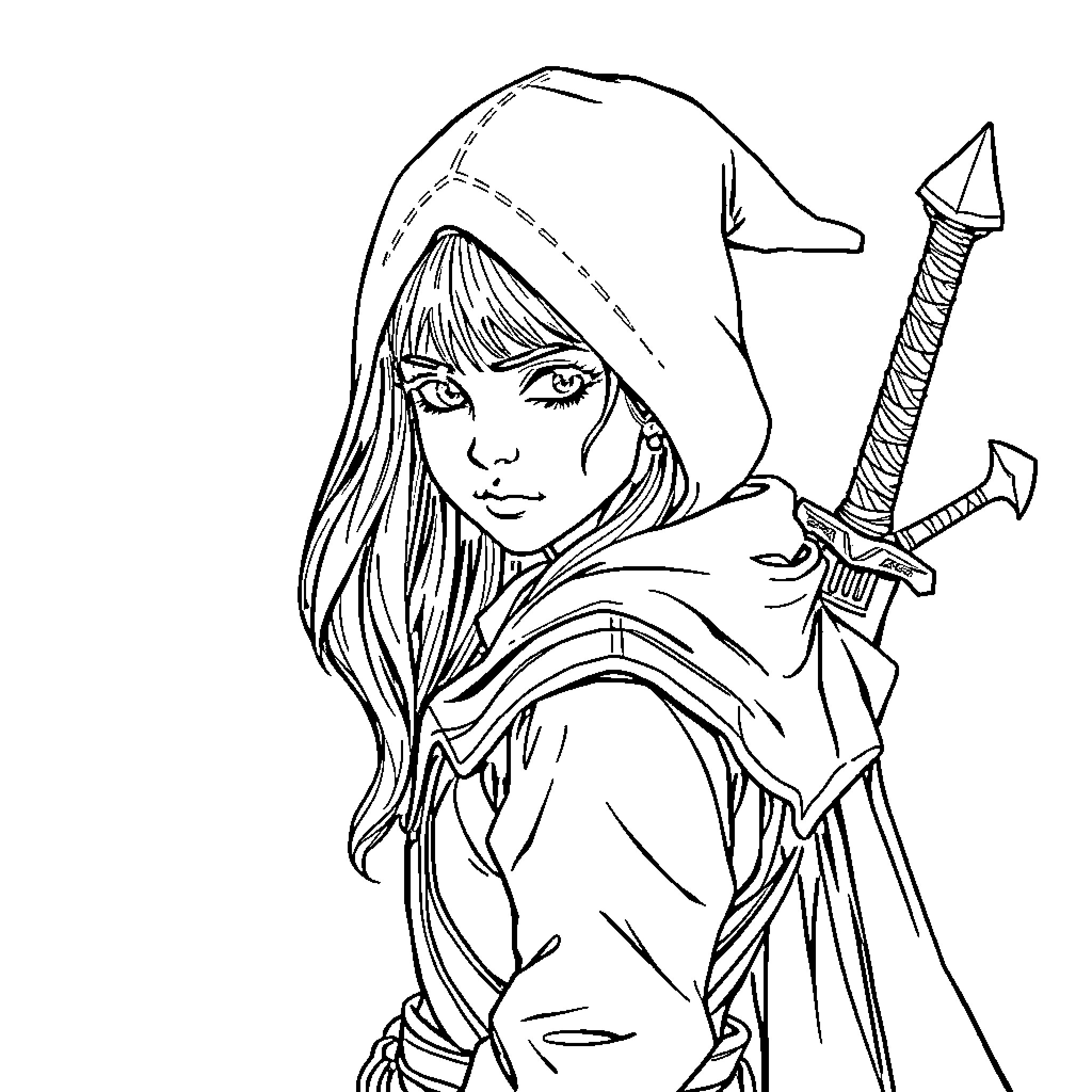 Witcher Warrior with Determined Expression and Sword Coloring Page (free black-and-white line drawing printable PDF for all, from beginners to advanced learners, including children, teens, adults, and seniors)