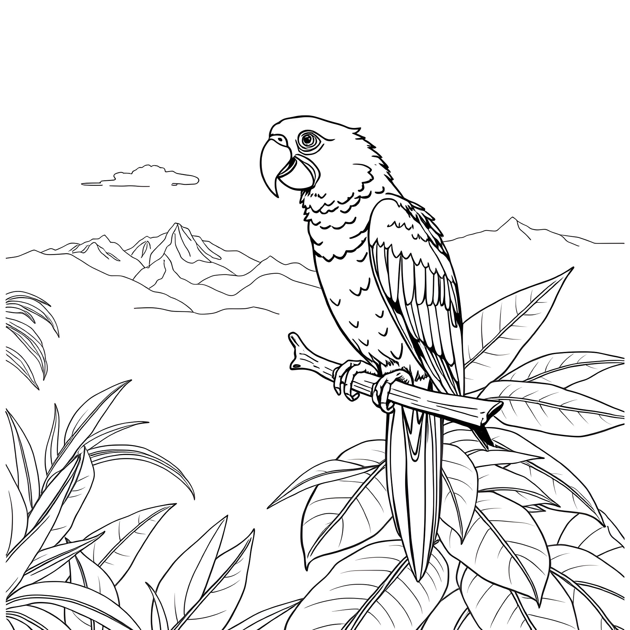 Parrot perched in tropical foliage with mountain backdrop Coloring Page (free black-and-white line drawing printable PDF for all, from beginners to advanced learners, including children, teens, adults, and seniors)