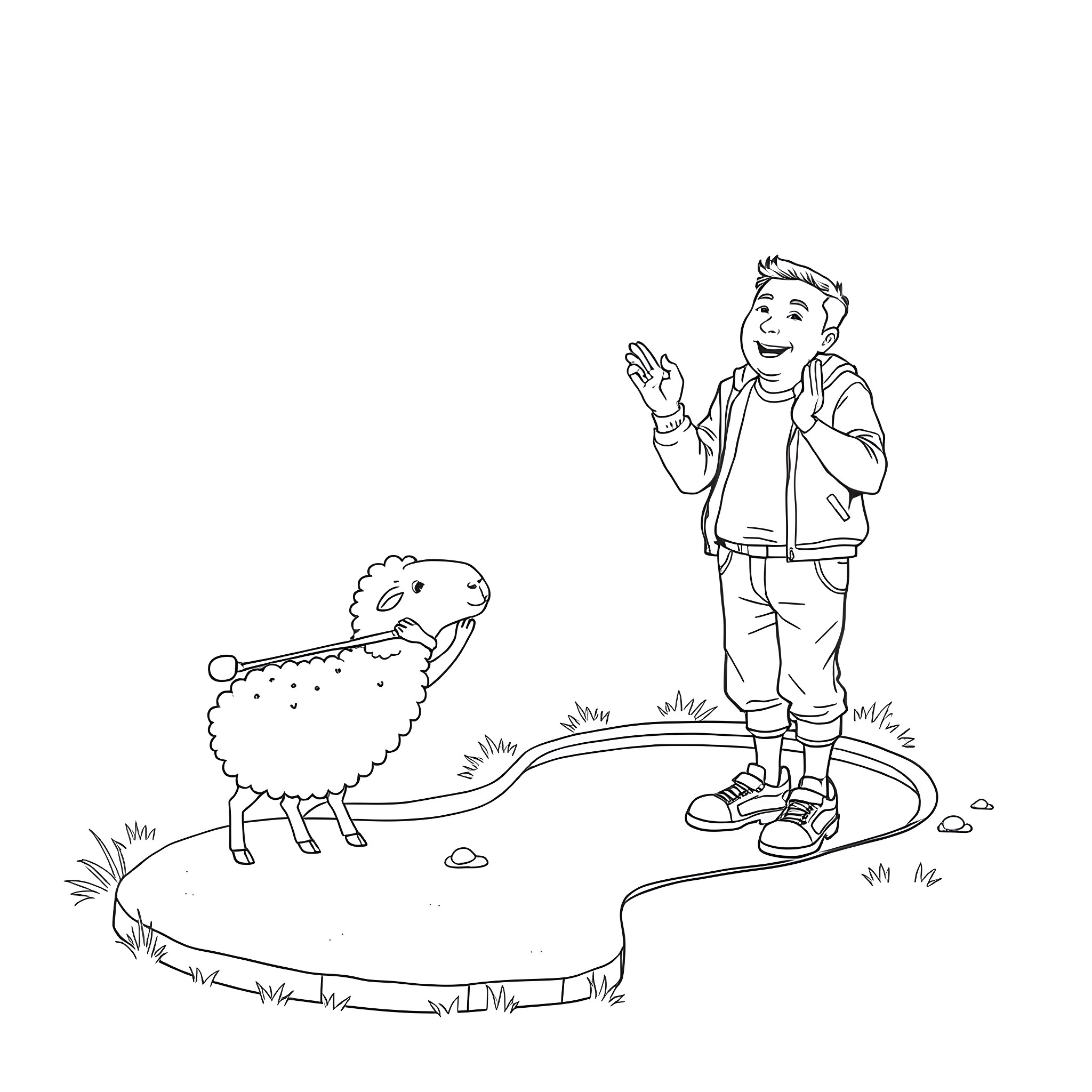 Sheep and Boy Exploring the Outdoors Coloring Page (free black-and-white line drawing printable PDF for all, from beginners to advanced learners, including children, teens, adults, and seniors)