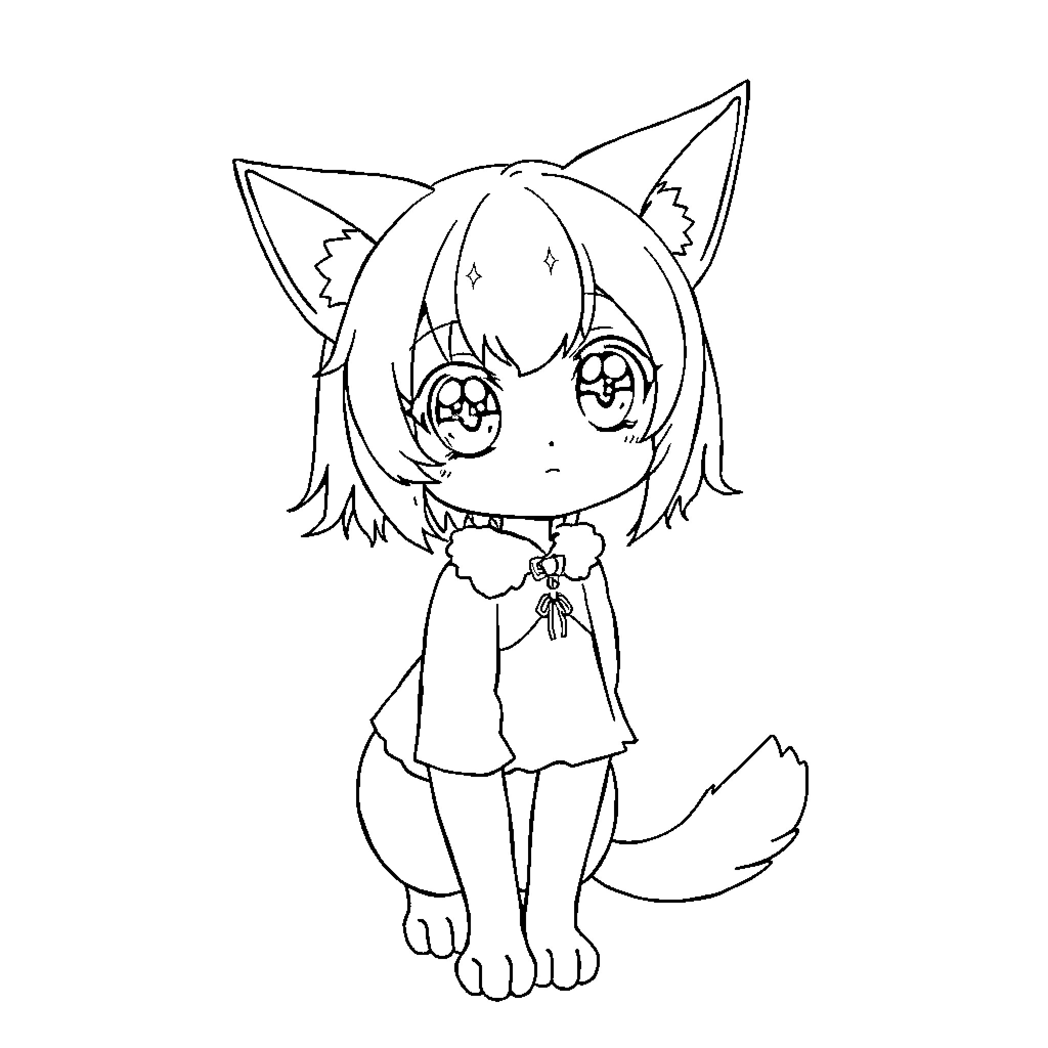 Catgirl character in simple outfit and expression Coloring Page (free black-and-white line drawing printable PDF for all, from beginners to advanced learners, including children, teens, adults, and seniors)