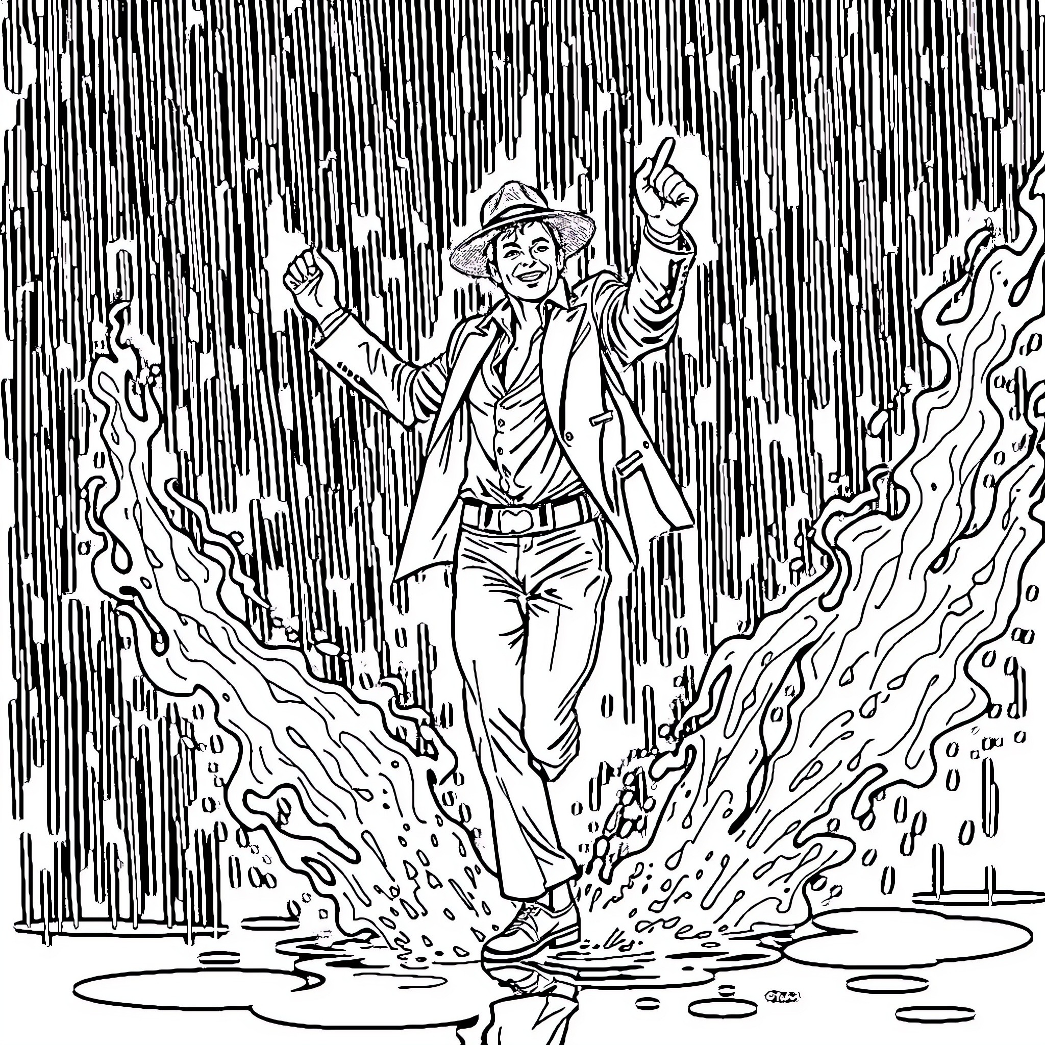 Michael Jackson's Energetic Dance in the Rain Coloring Page (free black-and-white line drawing printable PDF for all, from beginners to advanced learners, including children, teens, adults, and seniors)