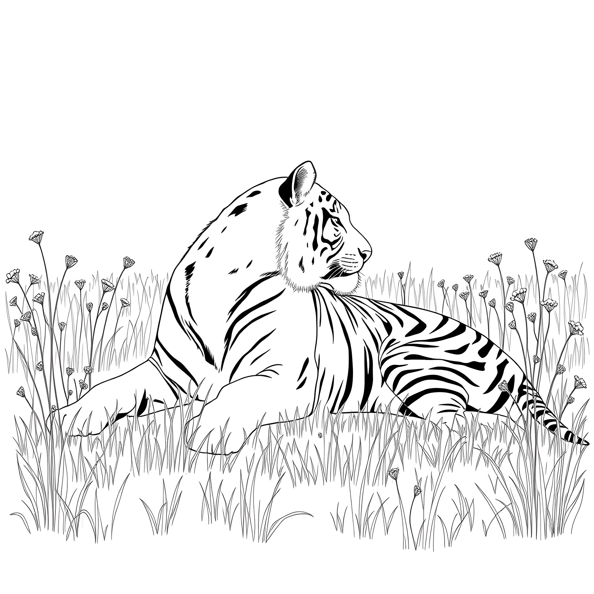 Tiger resting peacefully in a grassy field Coloring Page (free black-and-white line drawing printable PDF for all, from beginners to advanced learners, including children, teens, adults, and seniors)