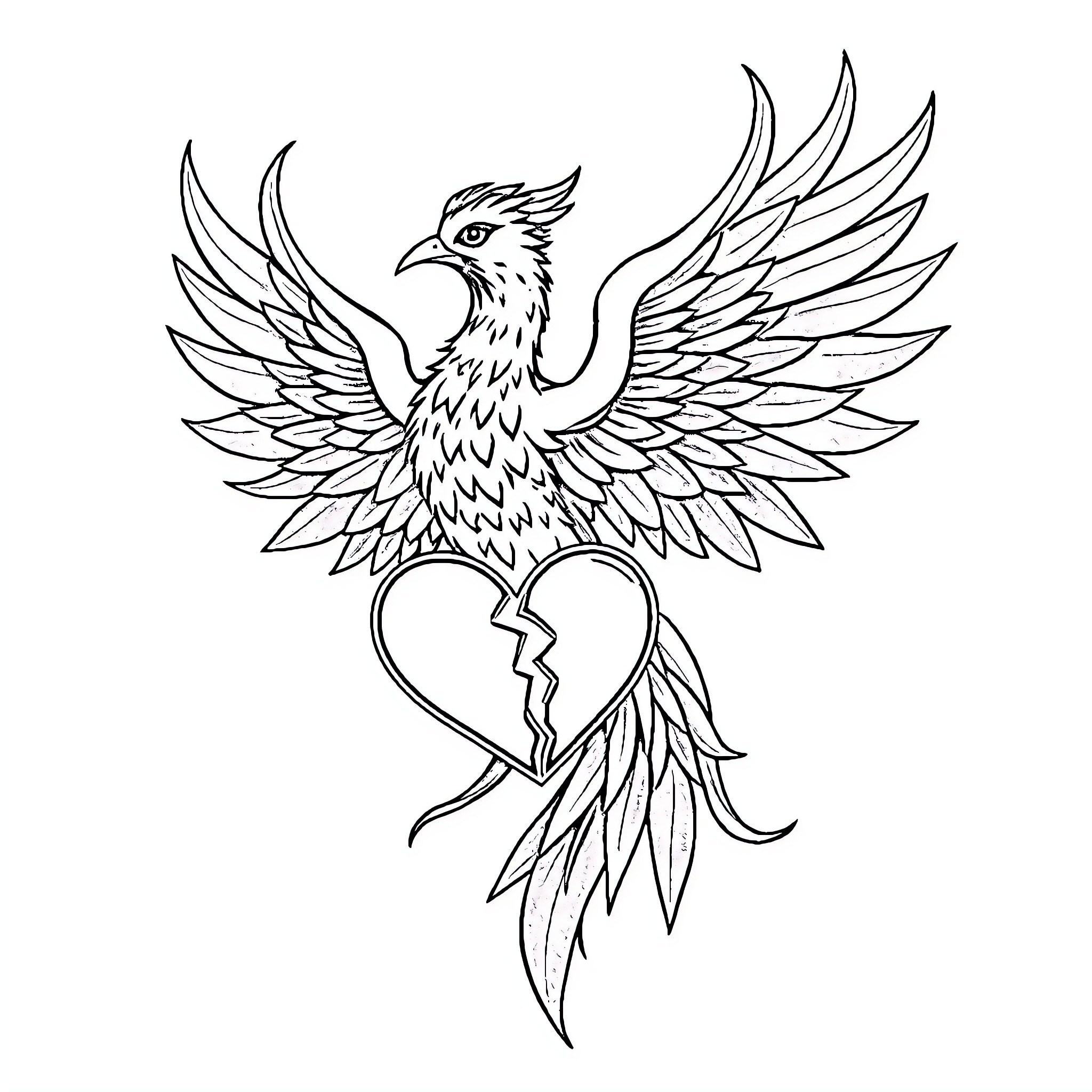 Phoenix rising from a broken heart Coloring Page (free black-and-white line drawing printable PDF for all, from beginners to advanced learners, including children, teens, adults, and seniors)