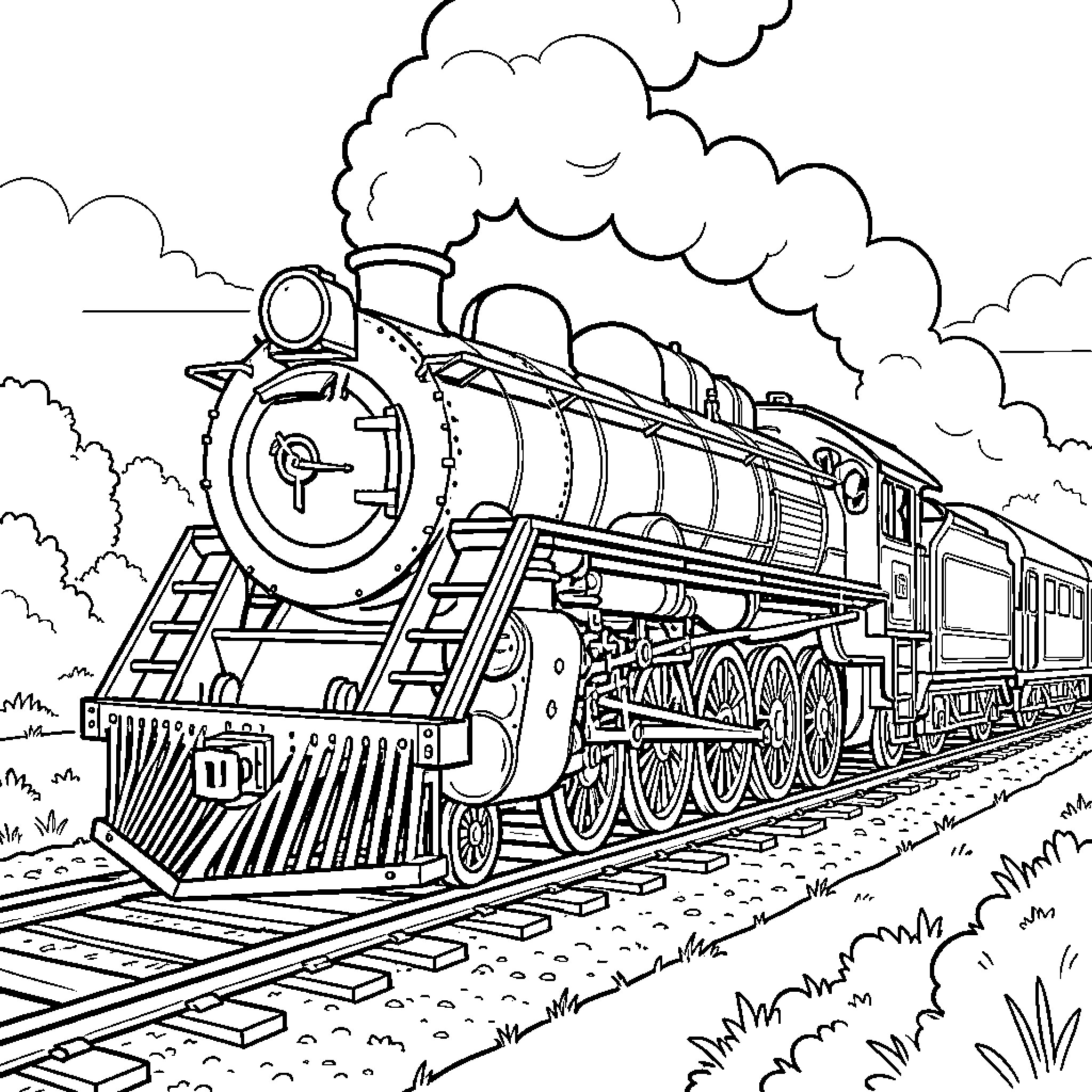Train engine traveling through the countryside Coloring Page (free black-and-white line drawing printable PDF for all, from beginners to advanced learners, including children, teens, adults, and seniors)