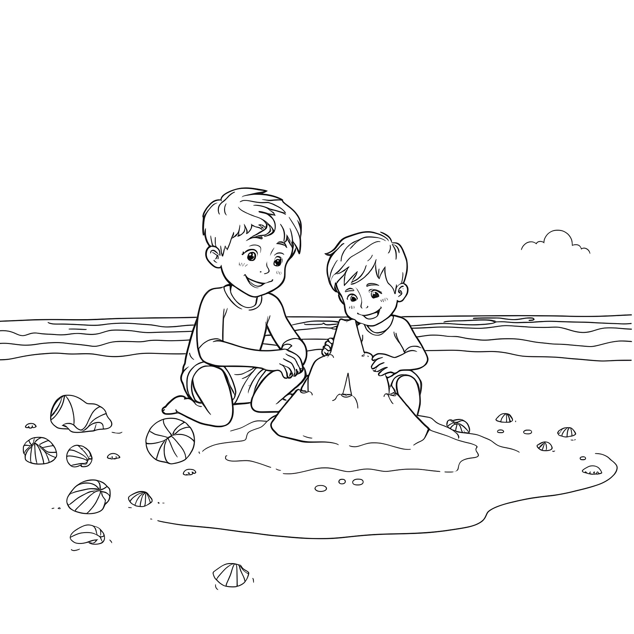 Brother Building Sandcastles by the Sea Coloring Page (free black-and-white line drawing printable PDF for all, from beginners to advanced learners, including children, teens, adults, and seniors)