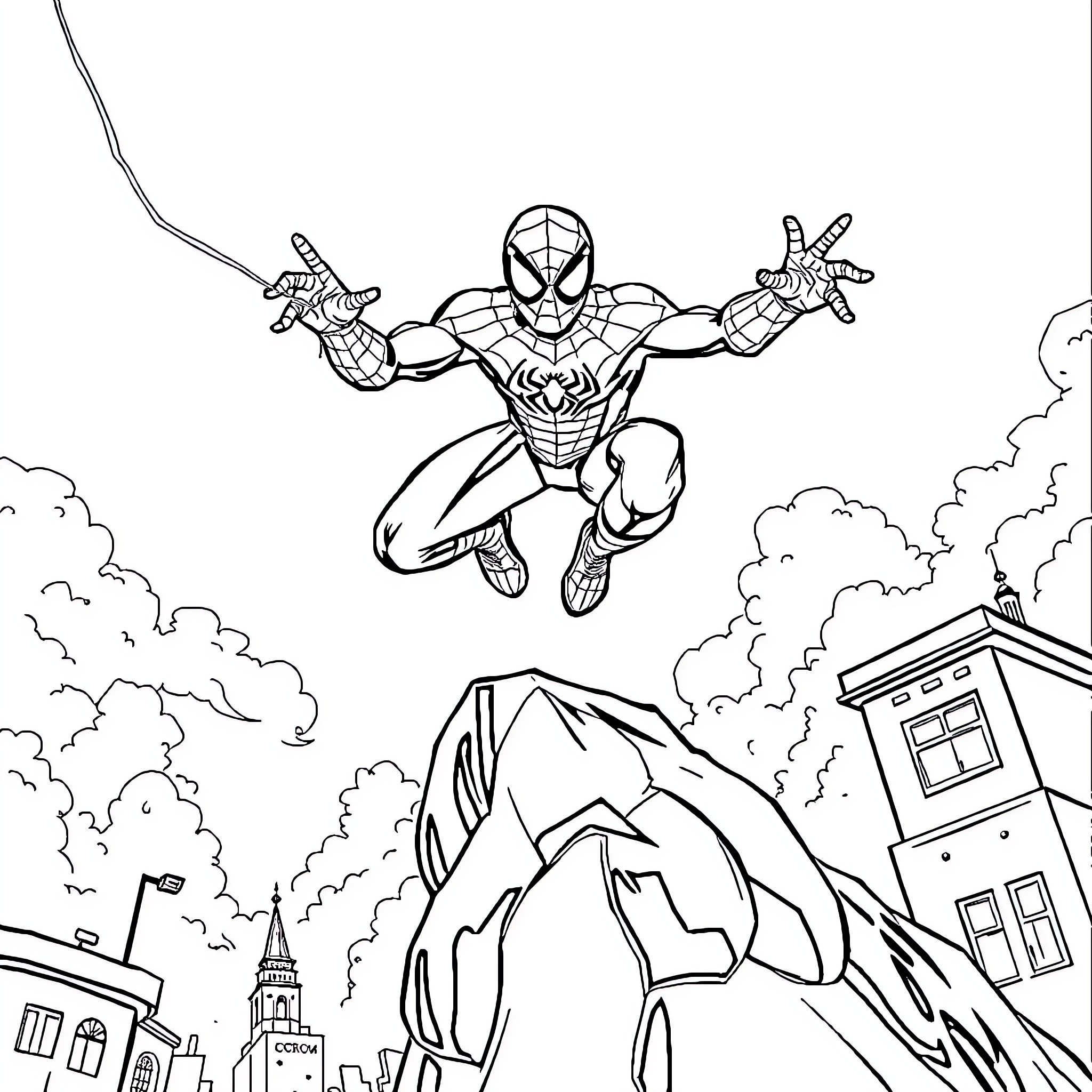 Spiderman swinging through the city skyline Coloring Page (free black-and-white line drawing printable PDF for all, from beginners to advanced learners, including children, teens, adults, and seniors)