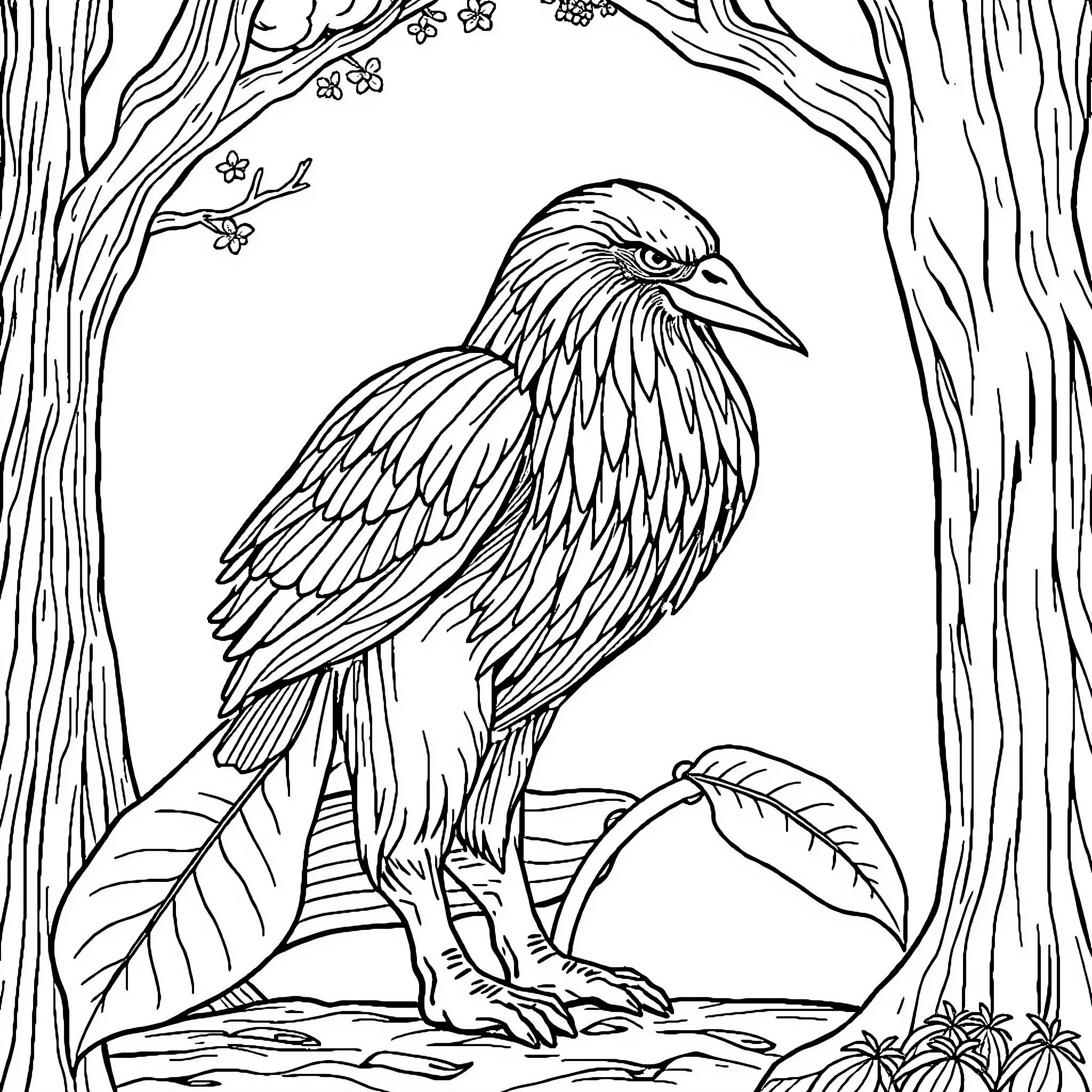 Red-Tailed Hawk Perched in Forest Clearing Coloring Page (free black-and-white line drawing printable PDF for all, from beginners to advanced learners, including children, teens, adults, and seniors)