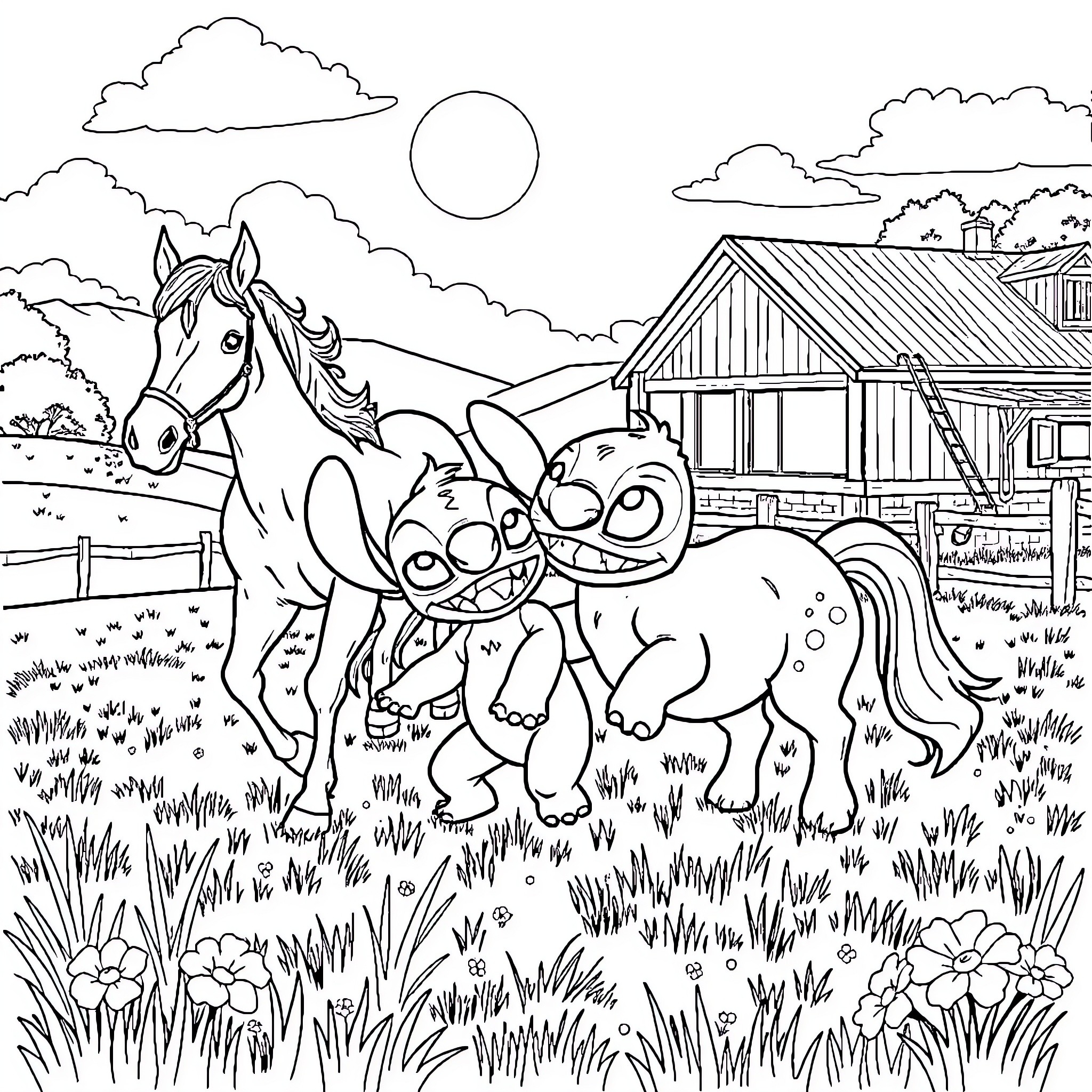Stitch Playing with Animals in the Farm Coloring Page (free black-and-white line drawing printable PDF for all, from beginners to advanced learners, including children, teens, adults, and seniors)
