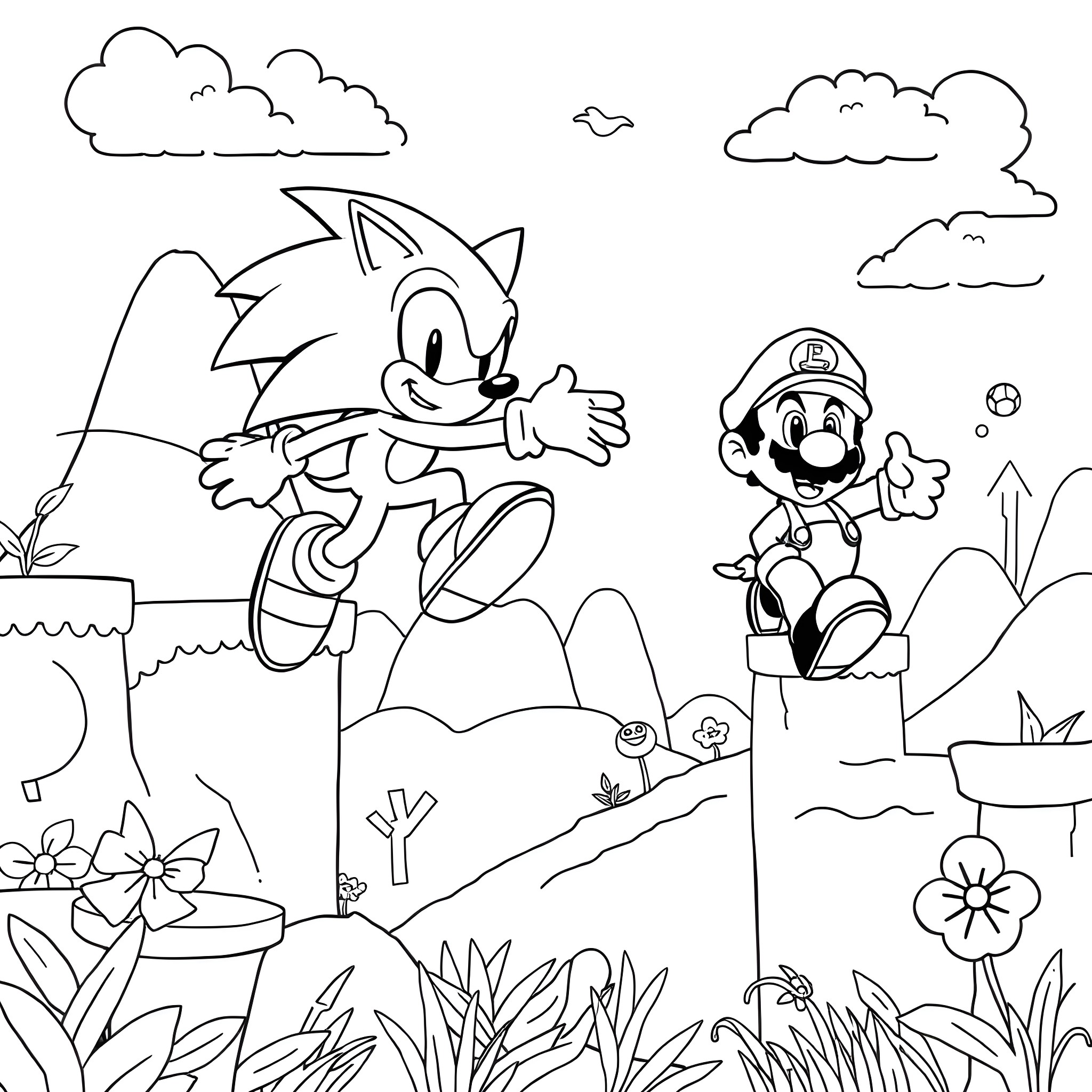 Sonic and Mario exploring the natural world Coloring Page (free black-and-white line drawing printable PDF for all, from beginners to advanced learners, including children, teens, adults, and seniors)