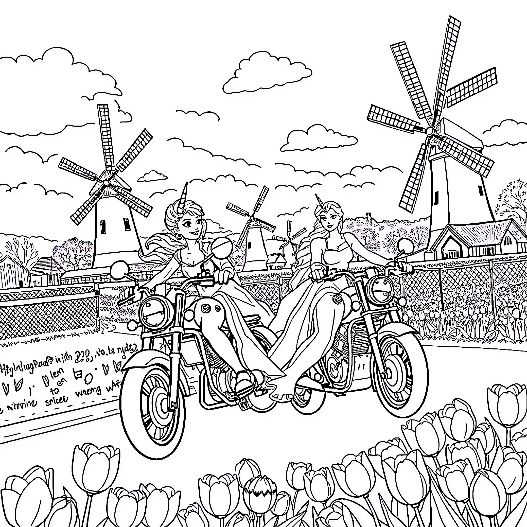 Elsa's Whimsical Windmill Adventure Coloring Page (free black-and-white line drawing printable PDF for all, from beginners to advanced learners, including children, teens, adults, and seniors)