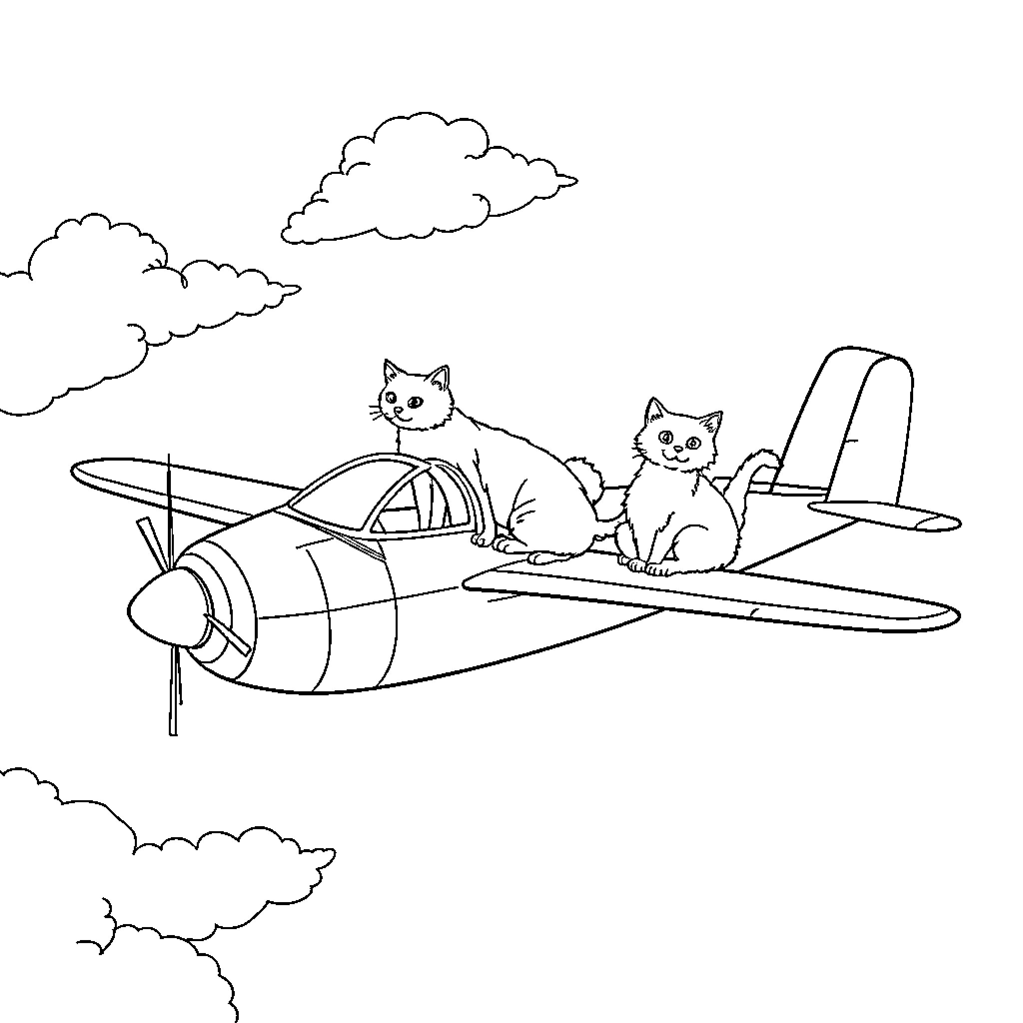 Airplane with playful kittens Coloring Page (free black-and-white line drawing printable PDF for all, from beginners to advanced learners, including children, teens, adults, and seniors)