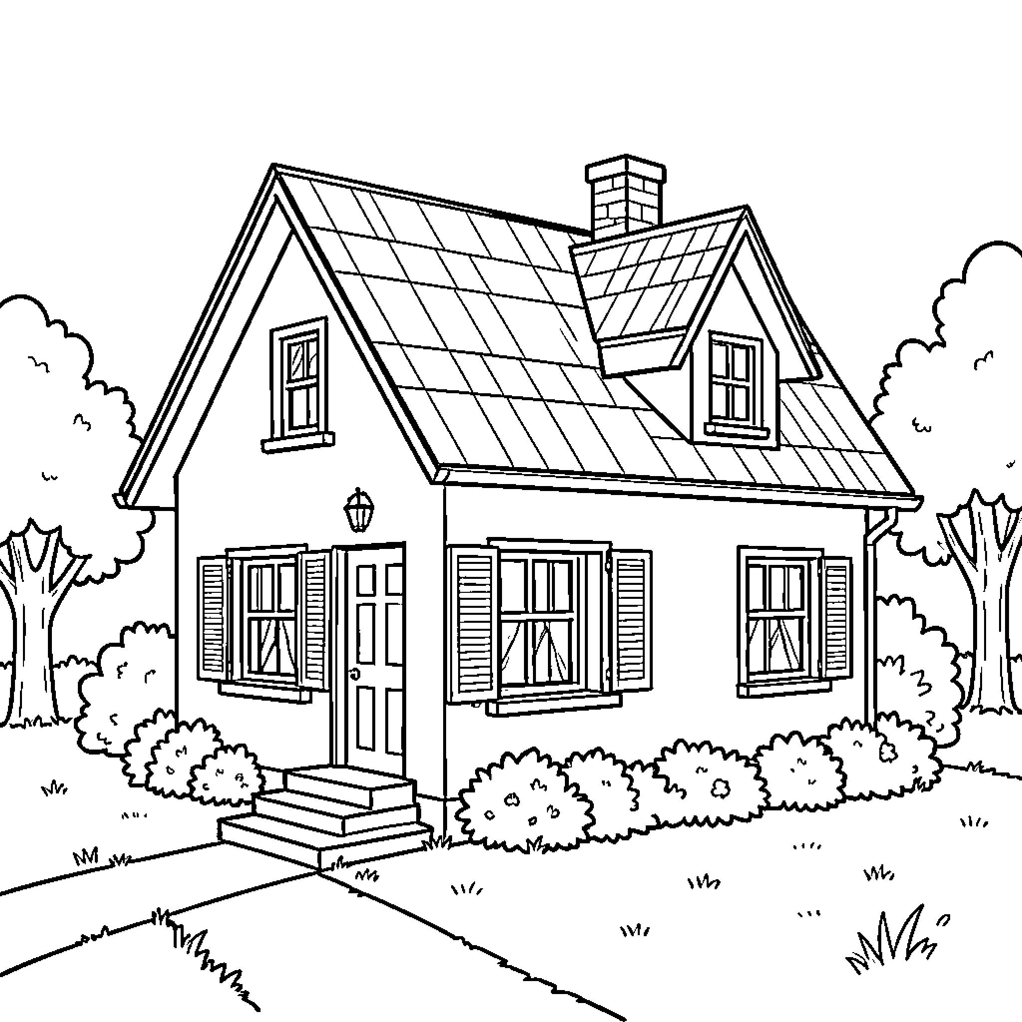 House with Detailed Architectural Features Coloring Page (free black-and-white line drawing printable PDF for all, from beginners to advanced learners, including children, teens, adults, and seniors)