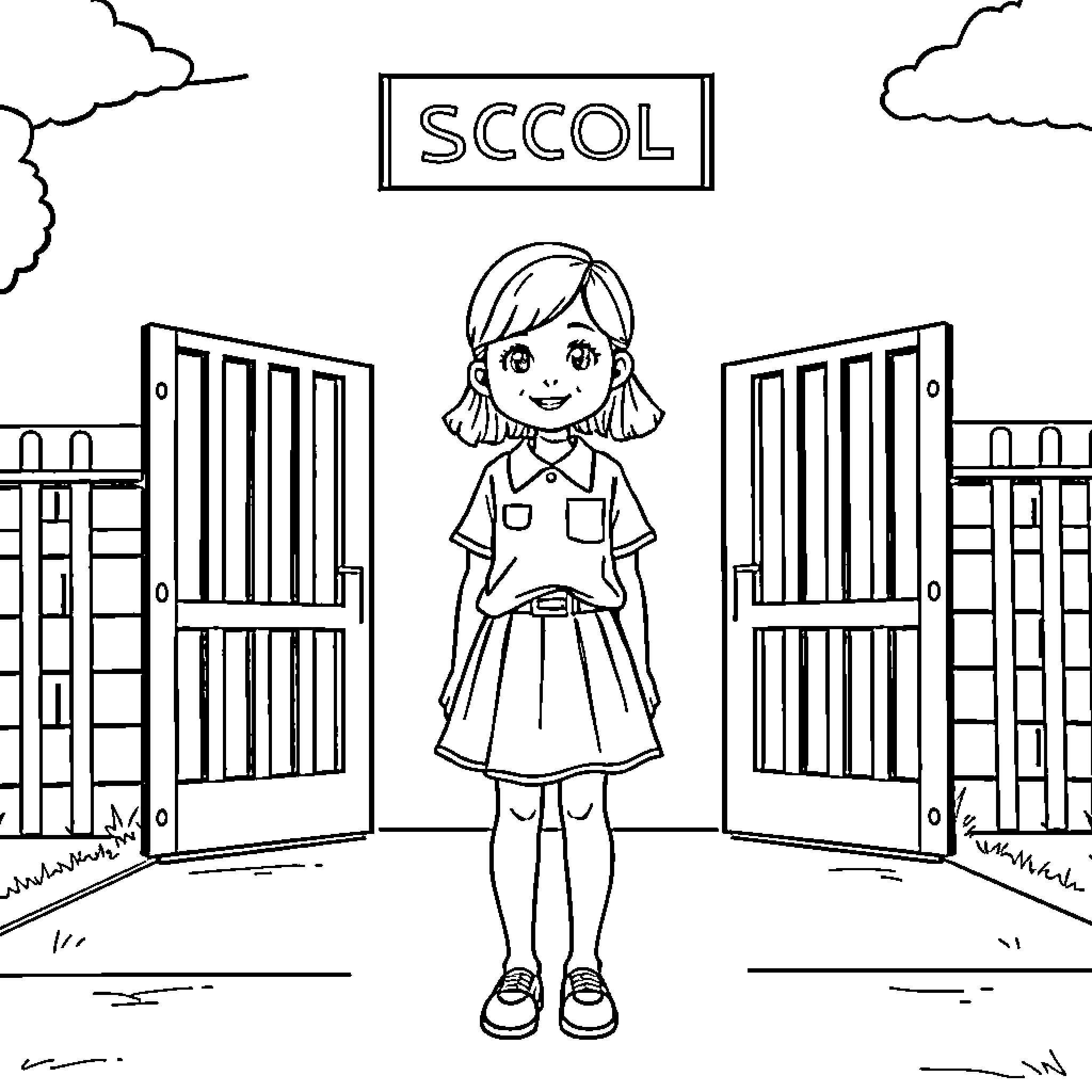 Girl in school uniform standing at school entrance Coloring Page (free black-and-white line drawing printable PDF for all, from beginners to advanced learners, including children, teens, adults, and seniors)