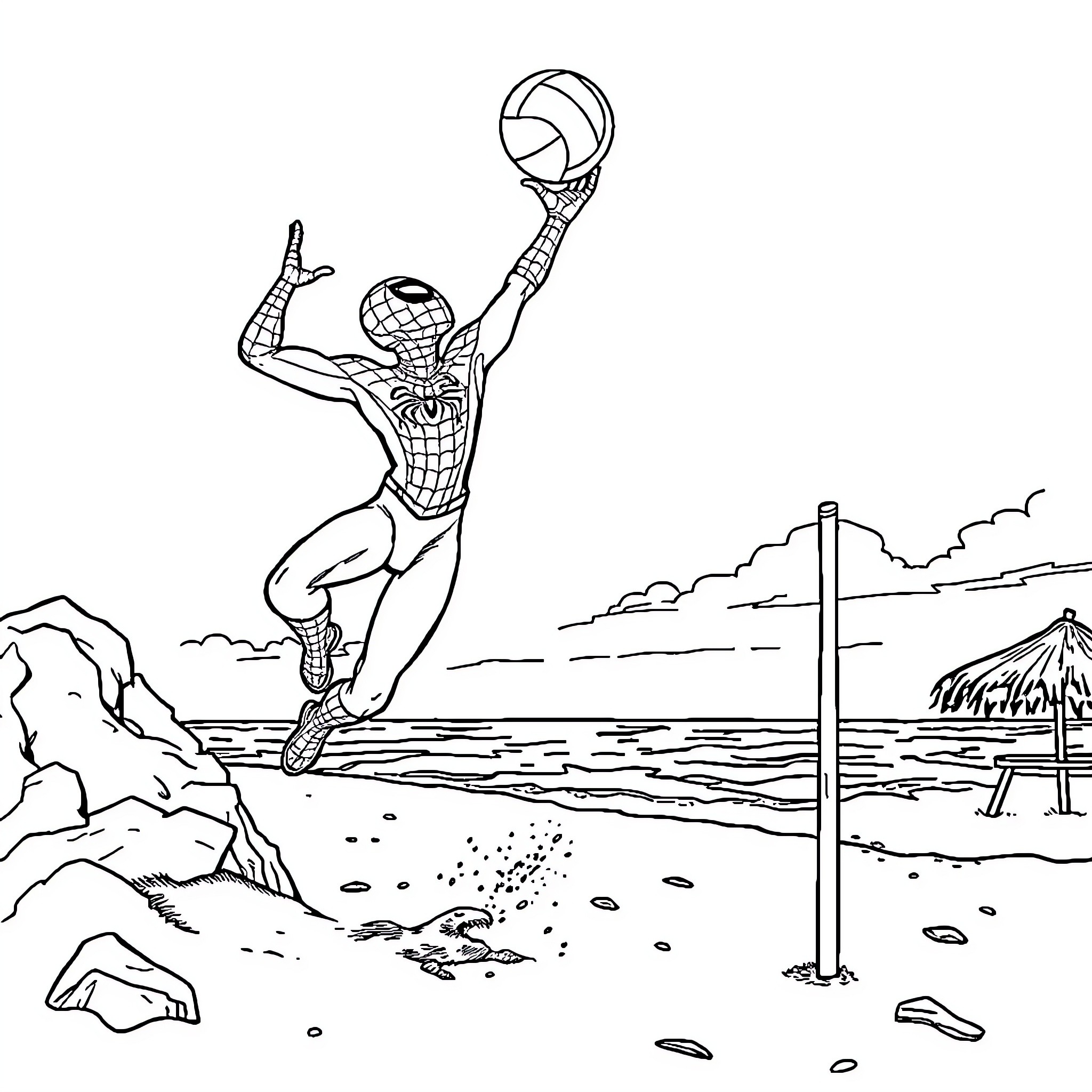 Spiderman jumping to catch the ball in a beach setting Coloring Page (free black-and-white line drawing printable PDF for all, from beginners to advanced learners, including children, teens, adults, and seniors)