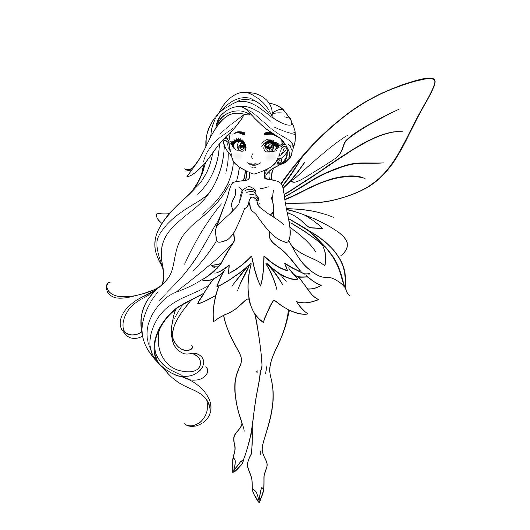 Fairy with long hair in graceful pose Coloring Page (free black-and-white line drawing printable PDF for all, from beginners to advanced learners, including children, teens, adults, and seniors)