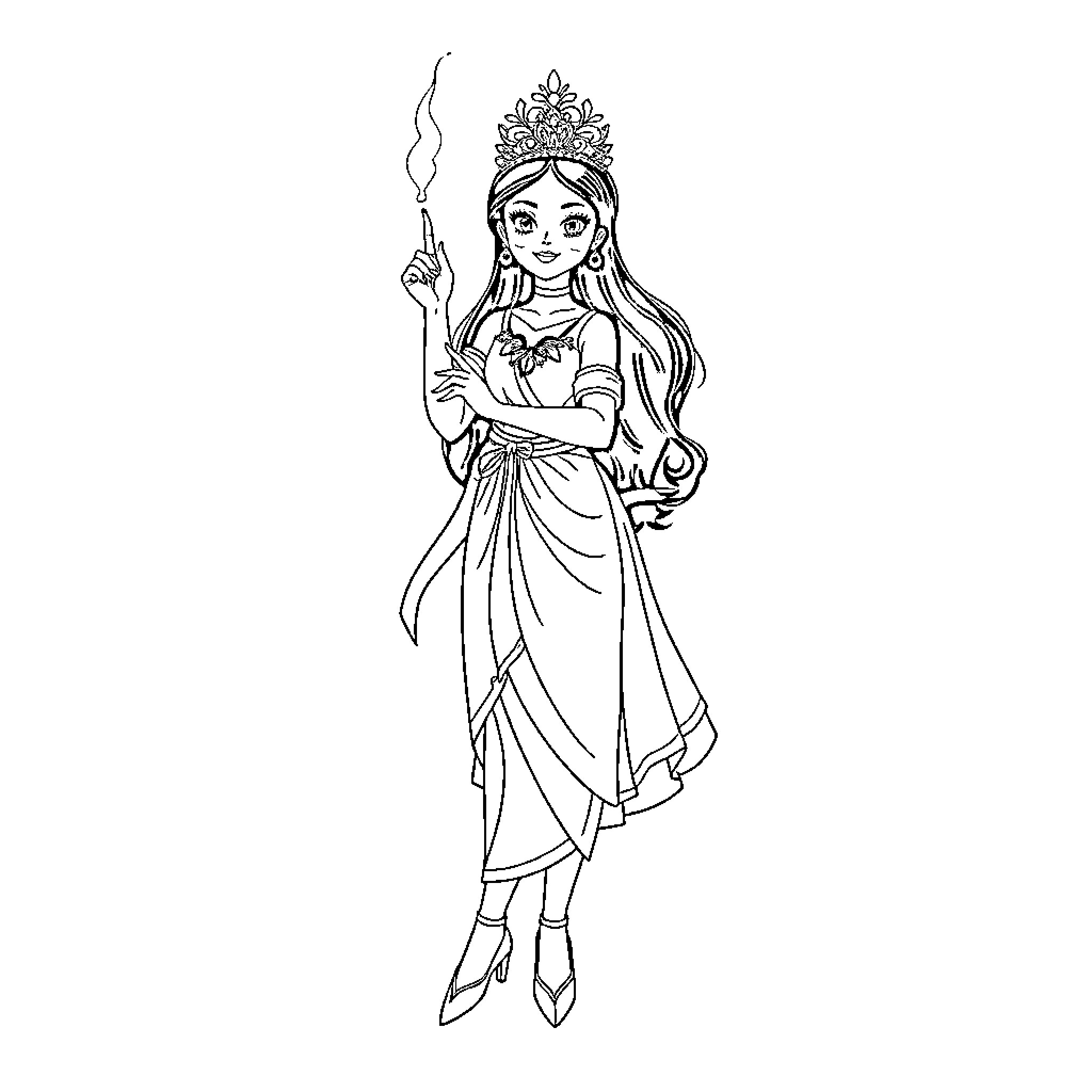 Ballerina in regal attire with scepter Coloring Page (free black-and-white line drawing printable PDF for all, from beginners to advanced learners, including children, teens, adults, and seniors)