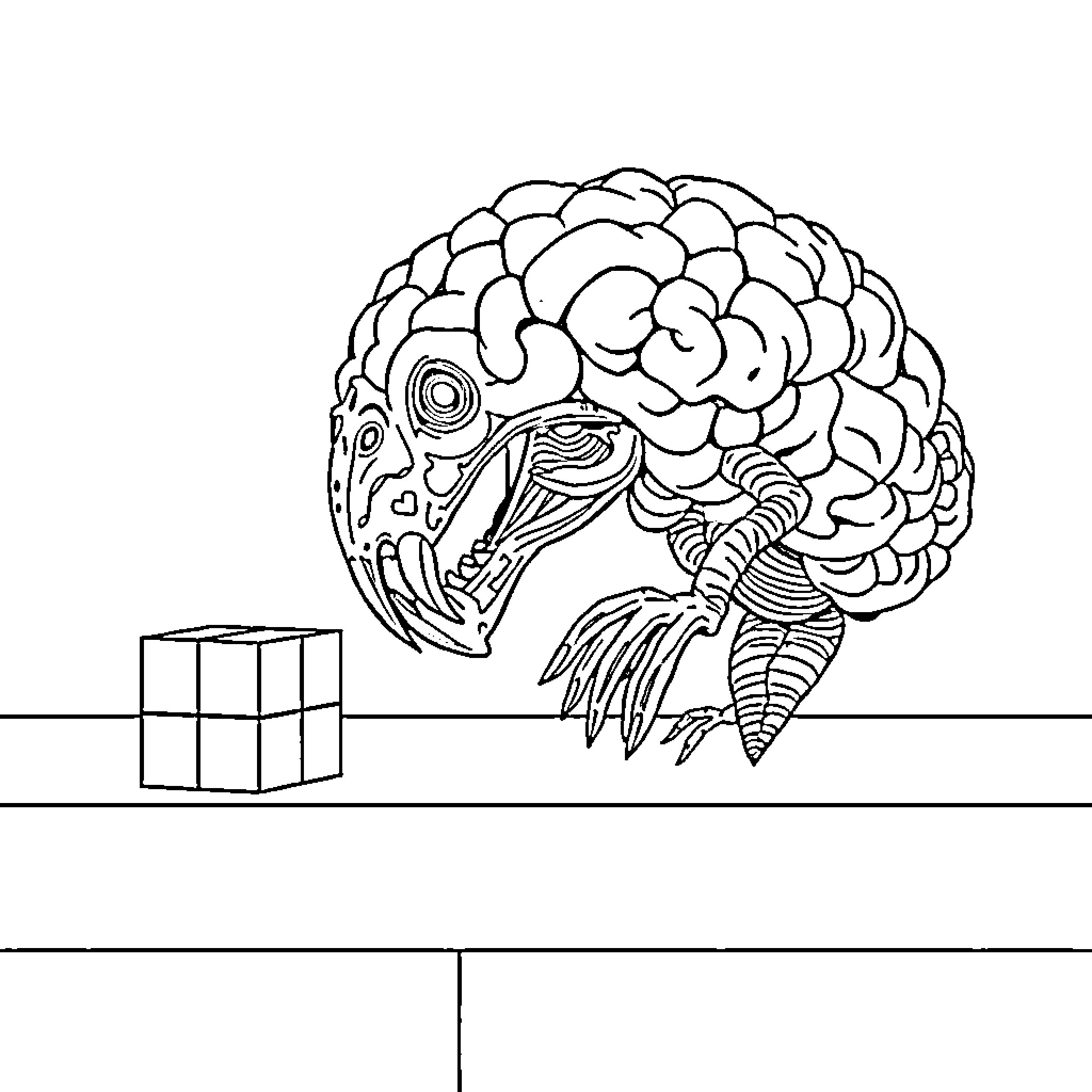 Brain Rot Monstrous Brain with Geometric Patterns Coloring Page (free black-and-white line drawing printable PDF for all, from beginners to advanced learners, including children, teens, adults, and seniors)