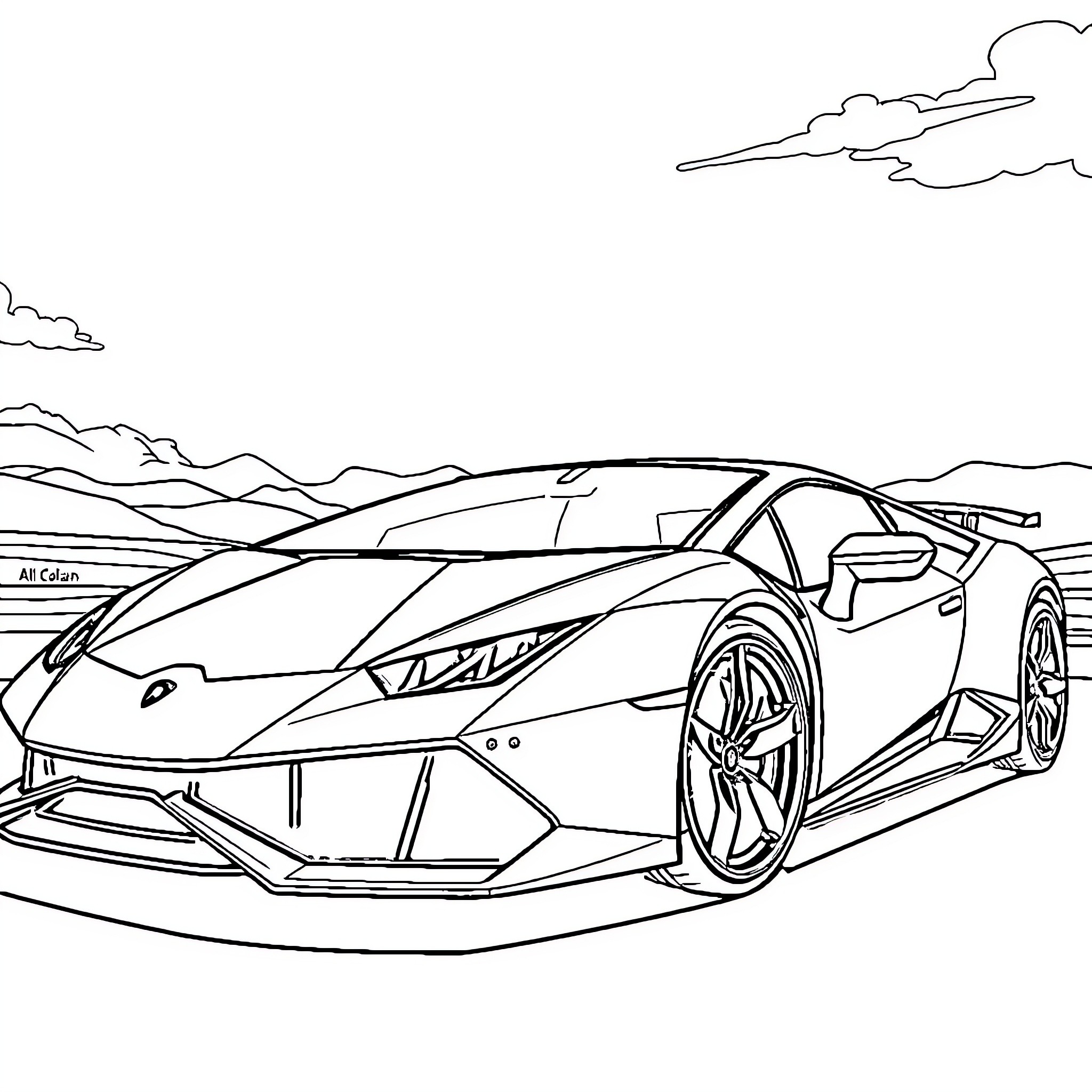 Lamborghini speeding through mountain landscape Coloring Page (free black-and-white line drawing printable PDF for all, from beginners to advanced learners, including children, teens, adults, and seniors)