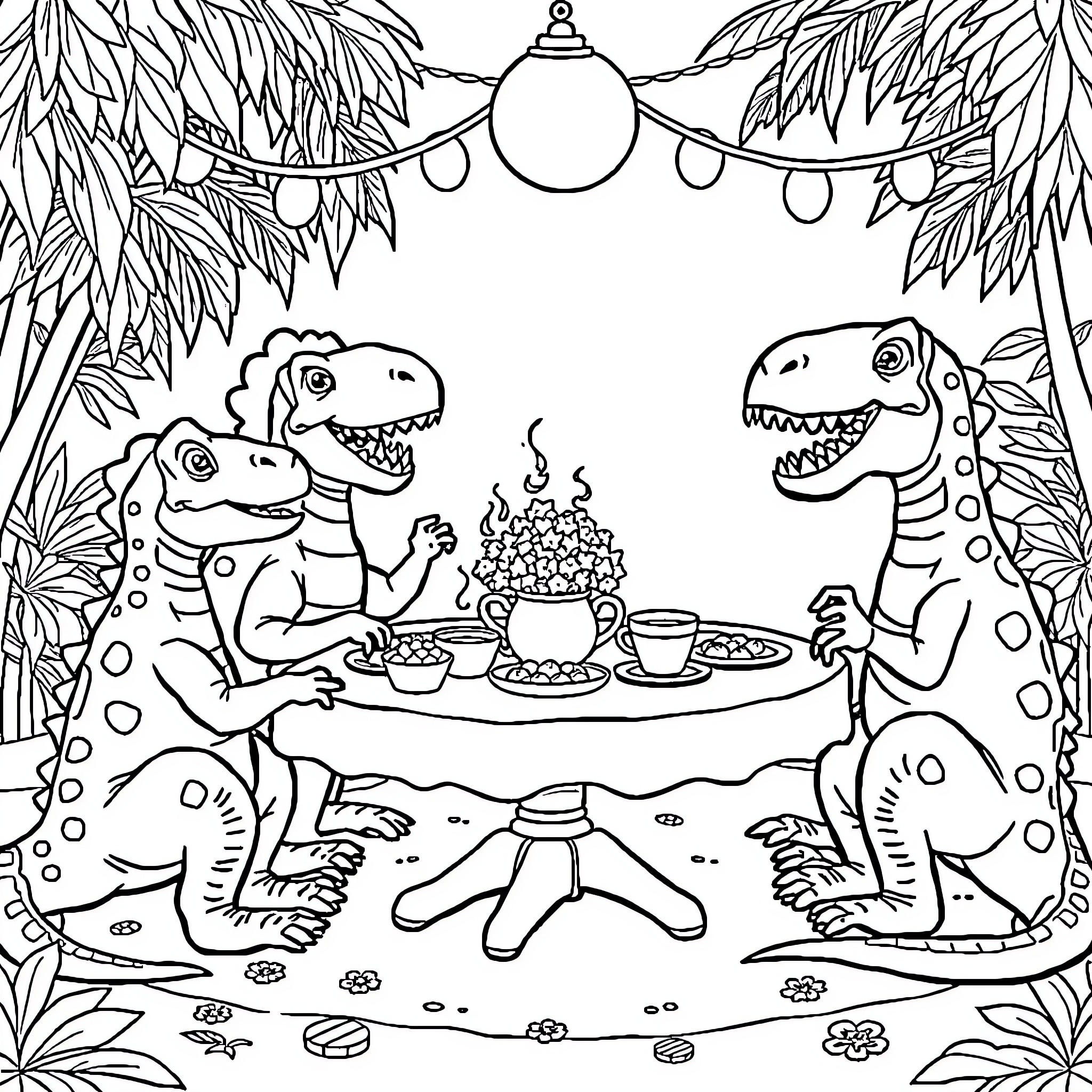 Dinosaurs Enjoying a Festive Dinner Party Coloring Page (free black-and-white line drawing printable PDF for all, from beginners to advanced learners, including children, teens, adults, and seniors)