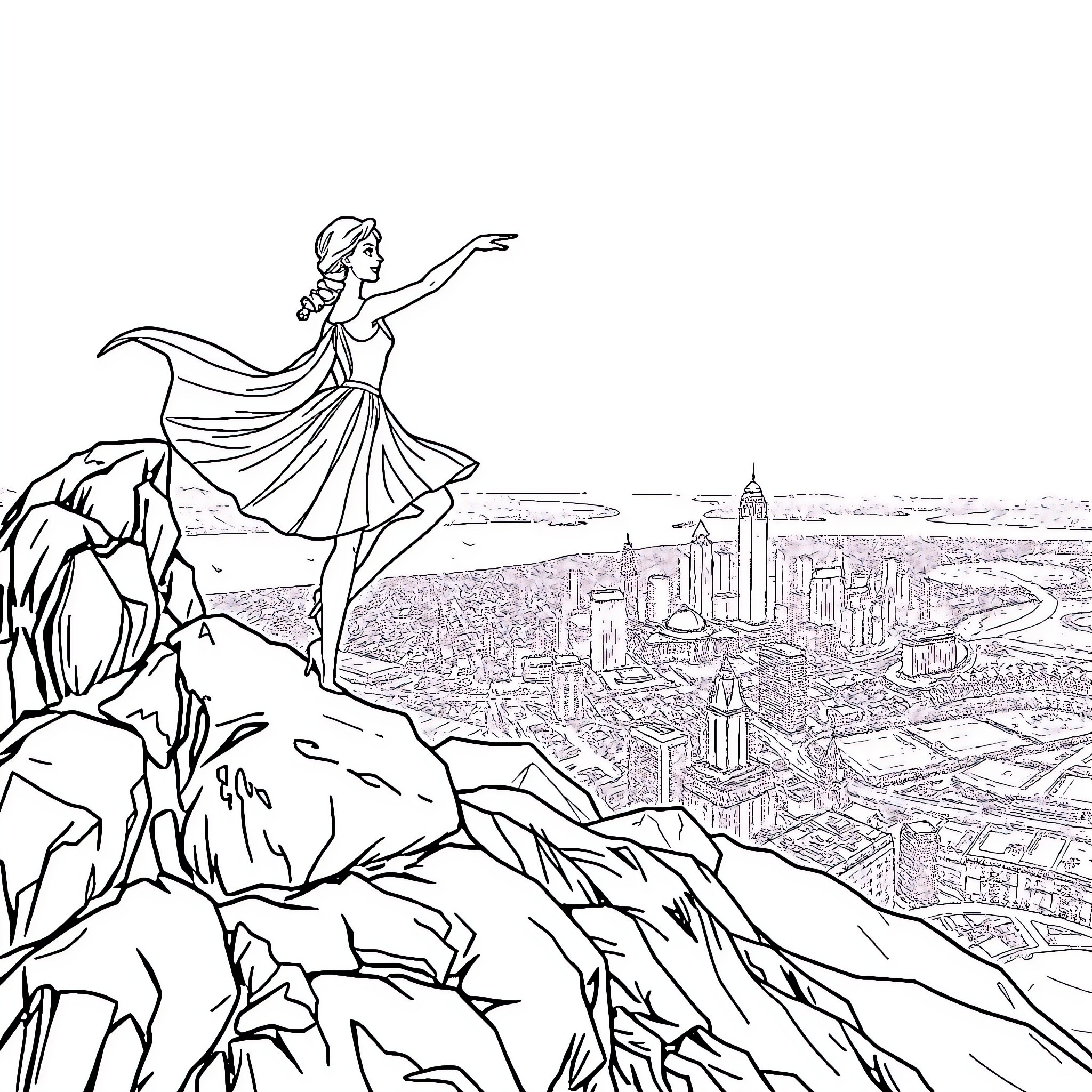 Elsa overlooking a majestic city from a rocky cliff Coloring Page (free black-and-white line drawing printable PDF for all, from beginners to advanced learners, including children, teens, adults, and seniors)