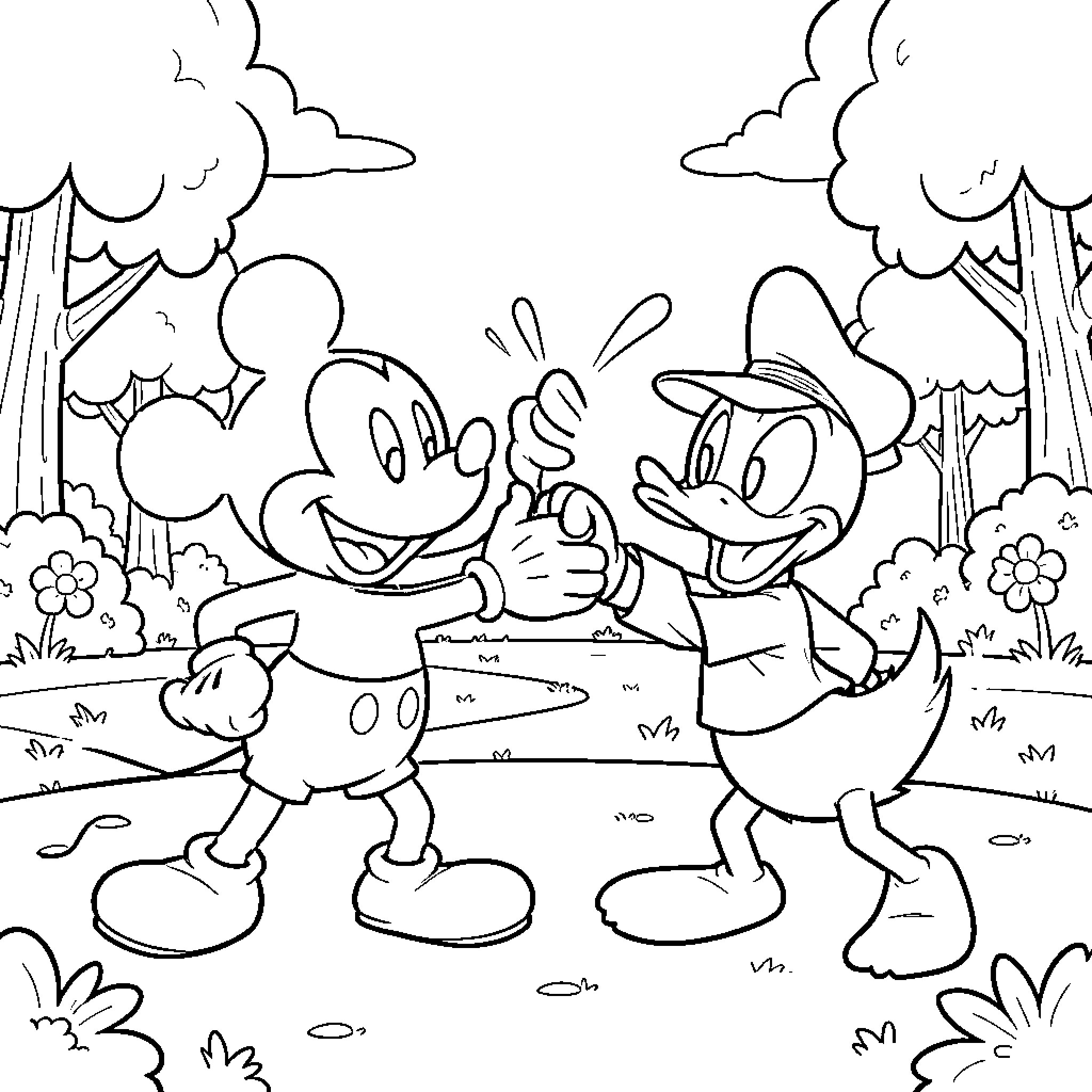 Mickey Mouse and Friends Exploring the Forest Coloring Page (free black-and-white line drawing printable PDF for all, from beginners to advanced learners, including children, teens, adults, and seniors)