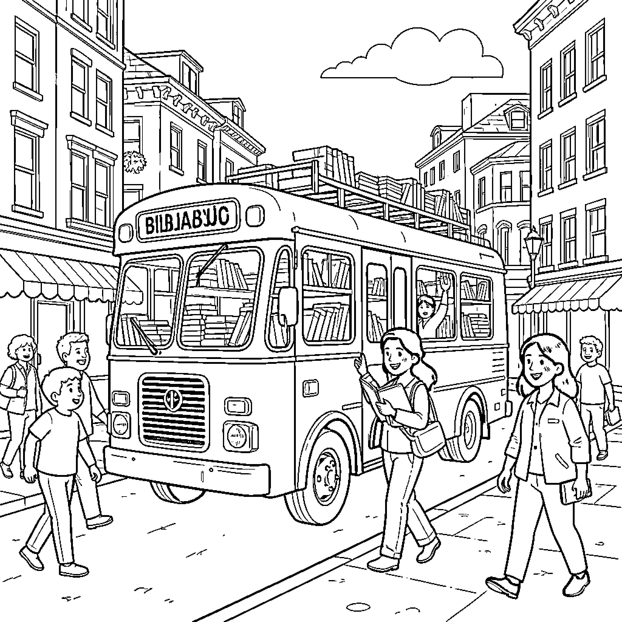 Bibliobus traveling through a busy city street Coloring Page (free black-and-white line drawing printable PDF for all, from beginners to advanced learners, including children, teens, adults, and seniors)