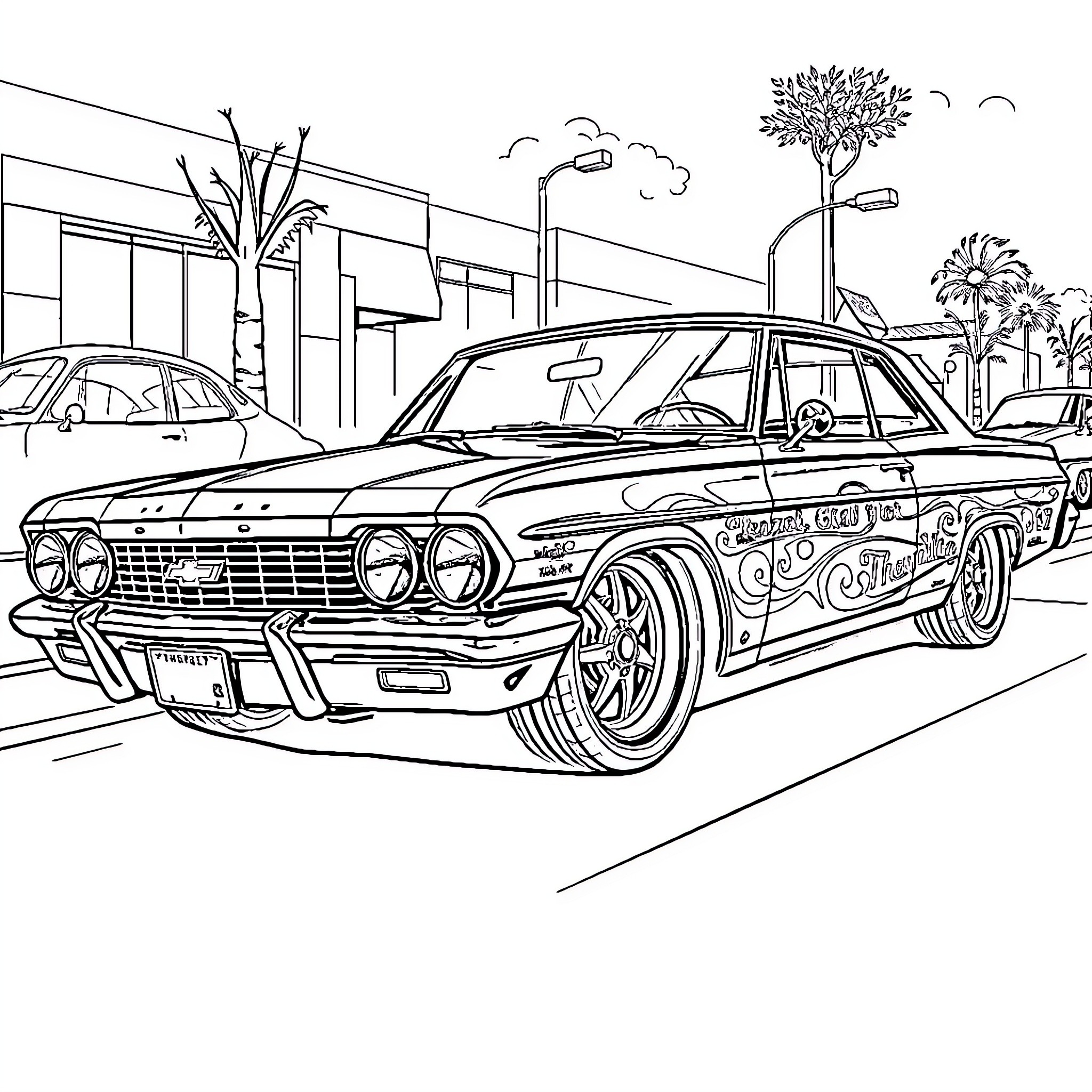 Lowrider car customized with intricate designs Coloring Page (free black-and-white line drawing printable PDF for all, from beginners to advanced learners, including children, teens, adults, and seniors)