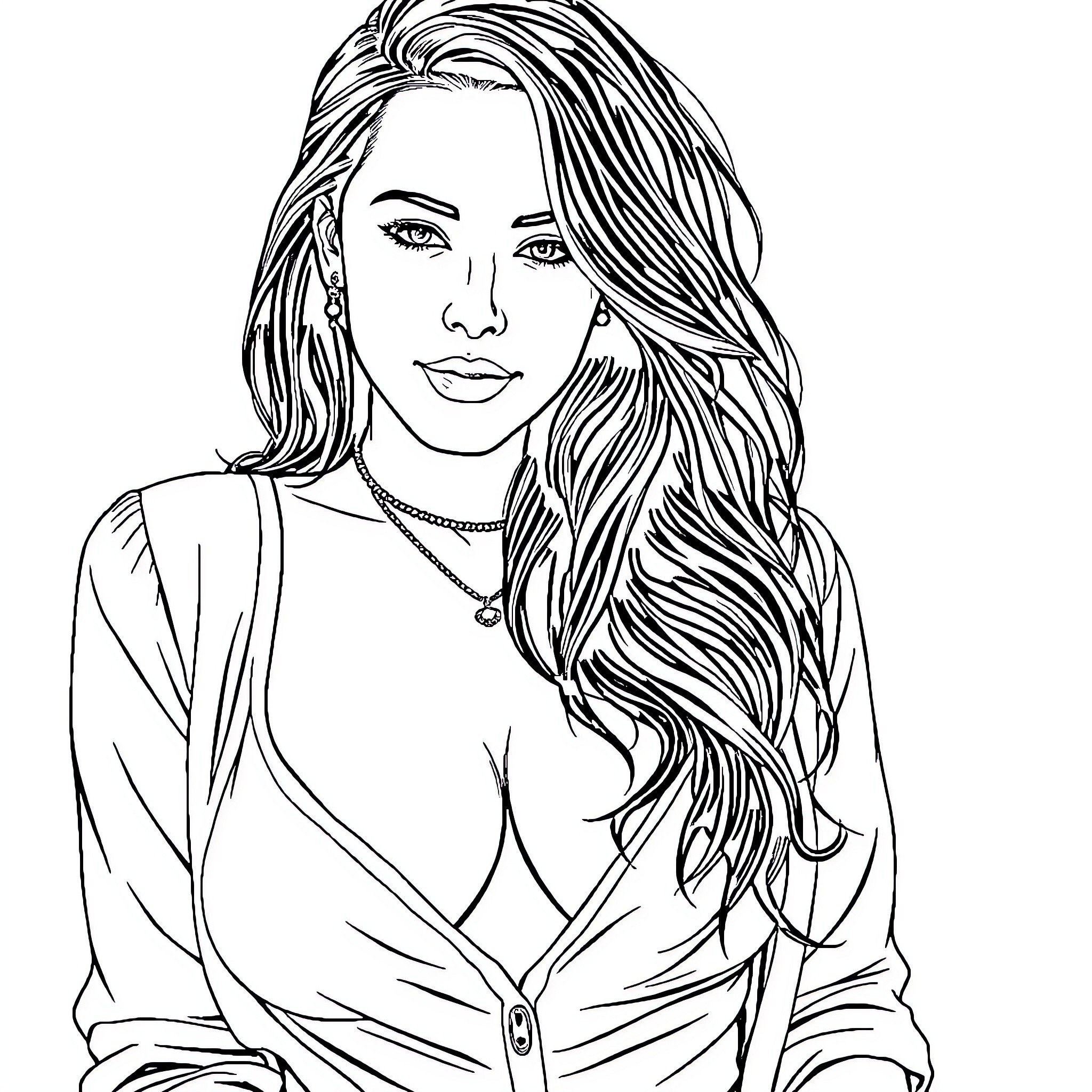 Kat Dennings in a stylized portrait Coloring Page (free black-and-white line drawing printable PDF for all, from beginners to advanced learners, including children, teens, adults, and seniors)